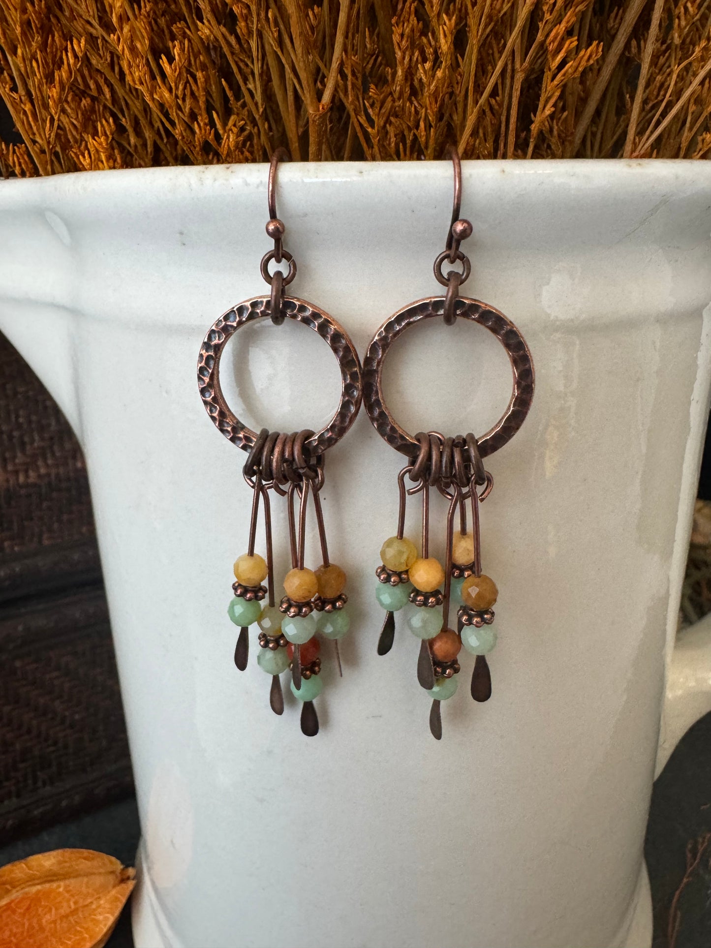 Burma jade, copper wire wrapped, earrings