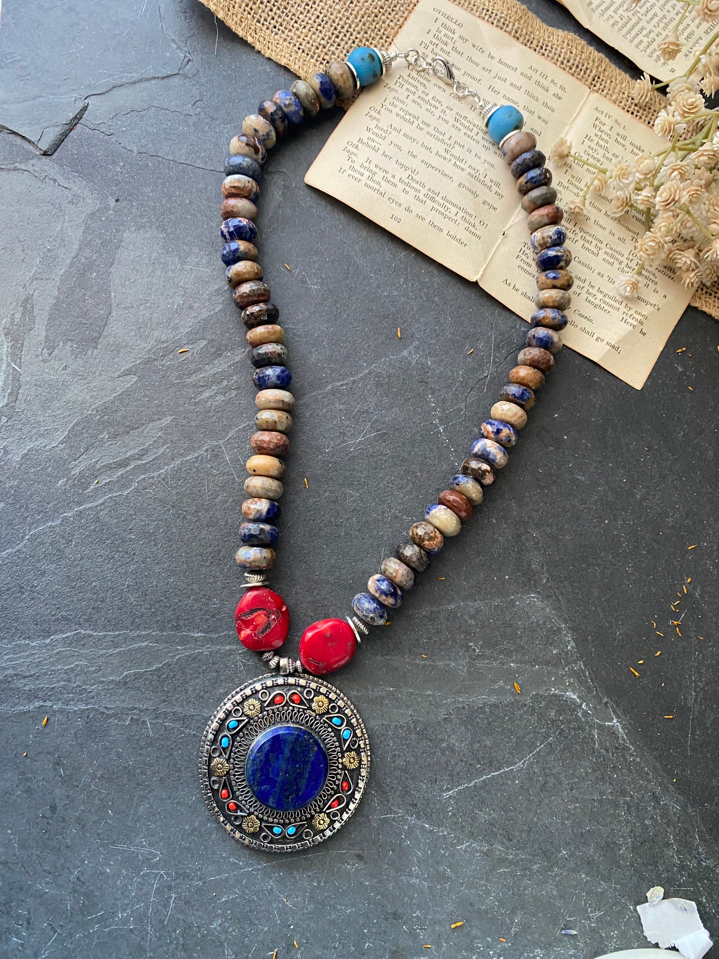 Lapis lazuli stone, sodalite stone, red coral, glass, necklace, silver metal, necklace, jewelry