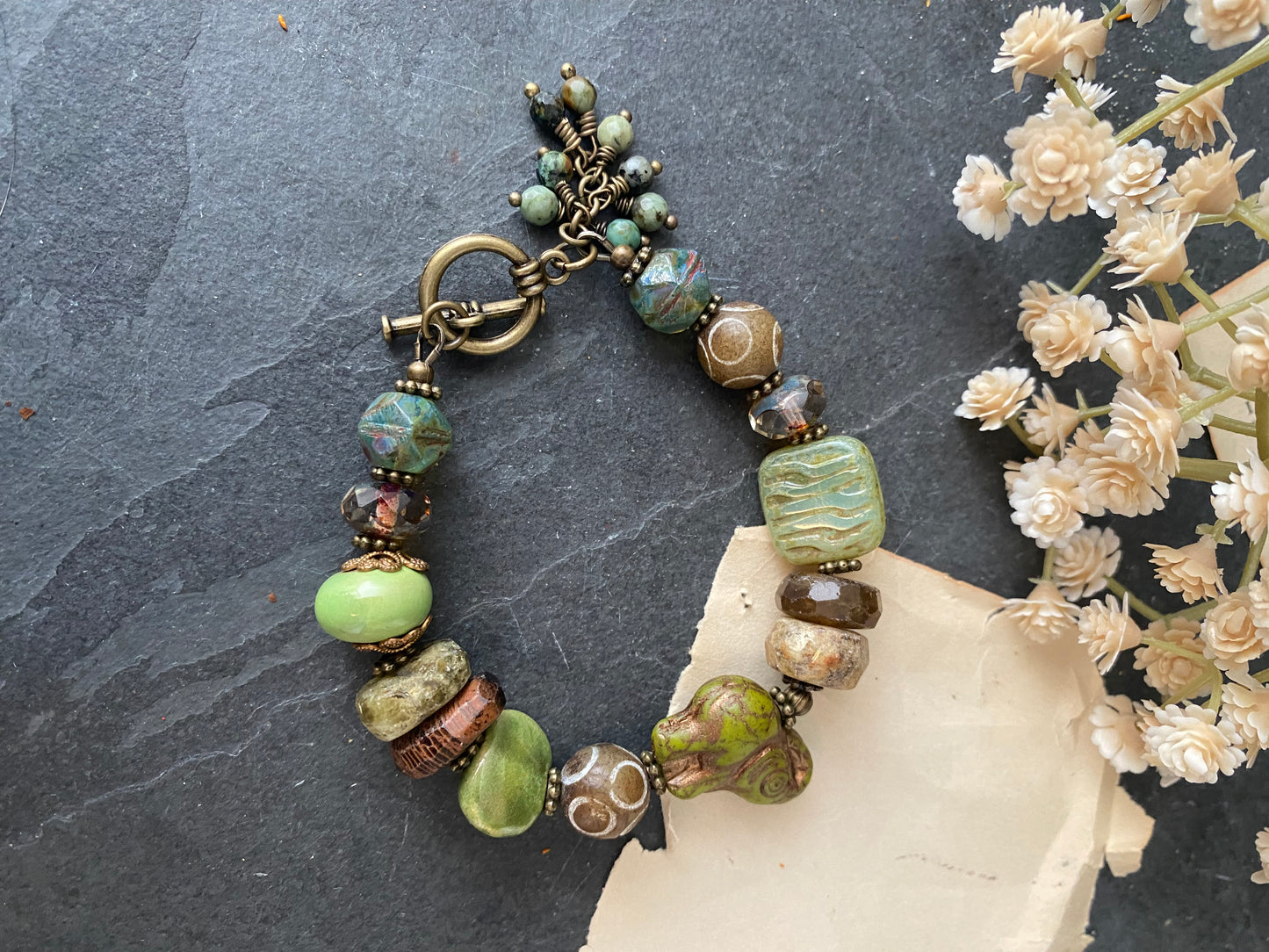 Green garnet, handamde african ceramic, dzi agate, green turquoise, czech glass, bracelet, jewelry