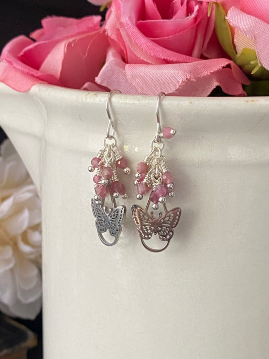 Butterfly charms, tourmaline pink stone, silver jewelry.