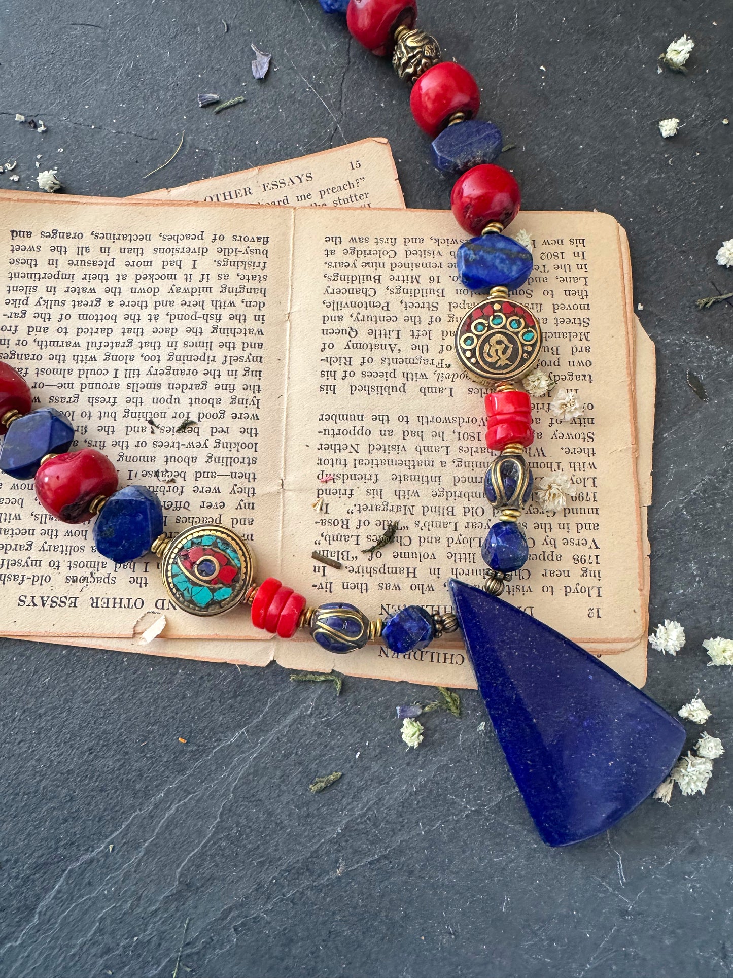 Lapis lazuli stone, Red coral, Tibeatan beads, affrican brass metal, necklace