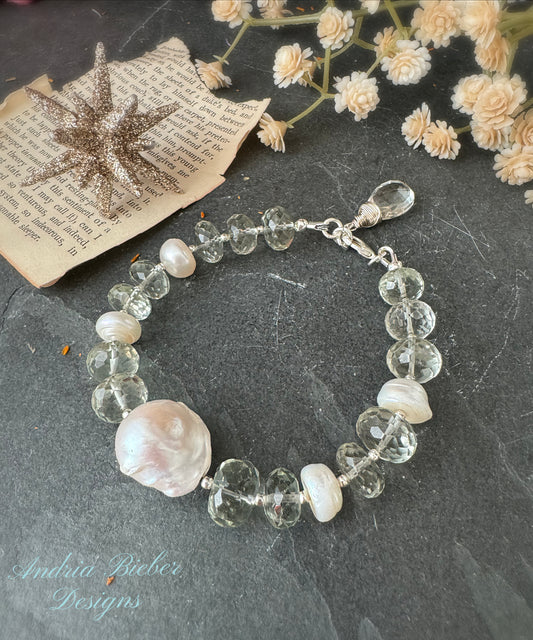 Faceted green amethyst, baroque pearls, sterling silver, bracelet