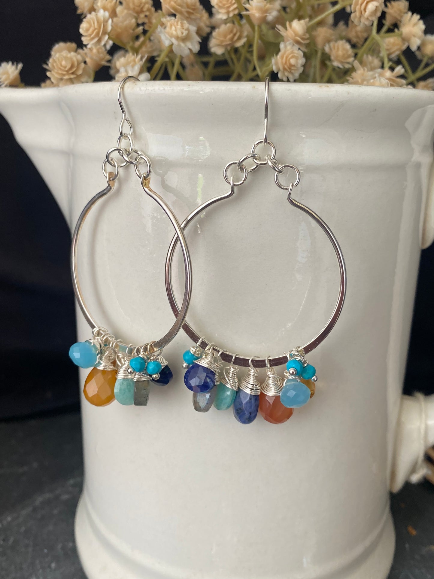 Mixed gemstones, wire wrapping, sterling silver hoop earrings