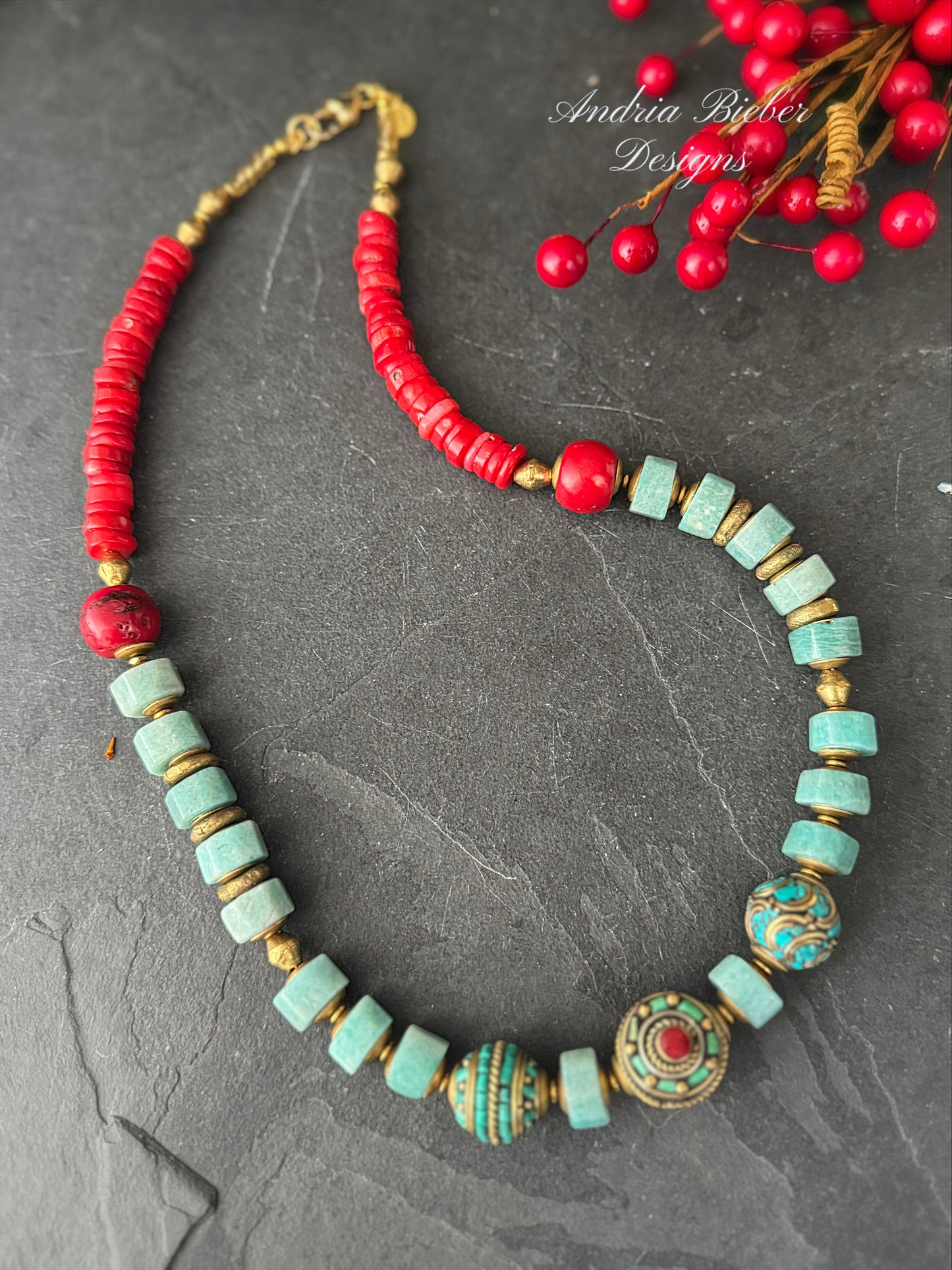 Amazonite stone, nepal beads, red coral, African brass, necklace.