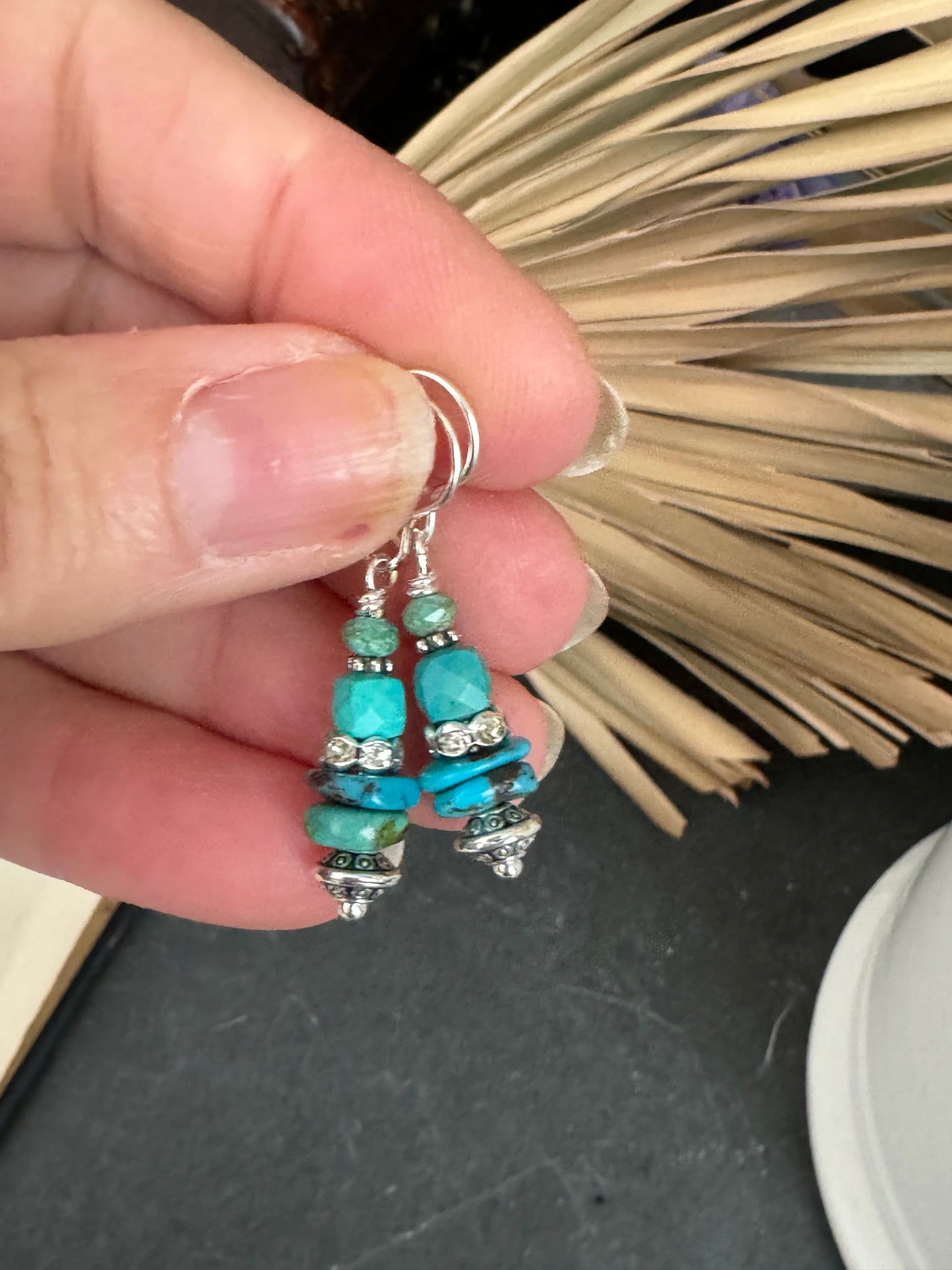 Turquoise stone, rhinestone, silver metal, earrings