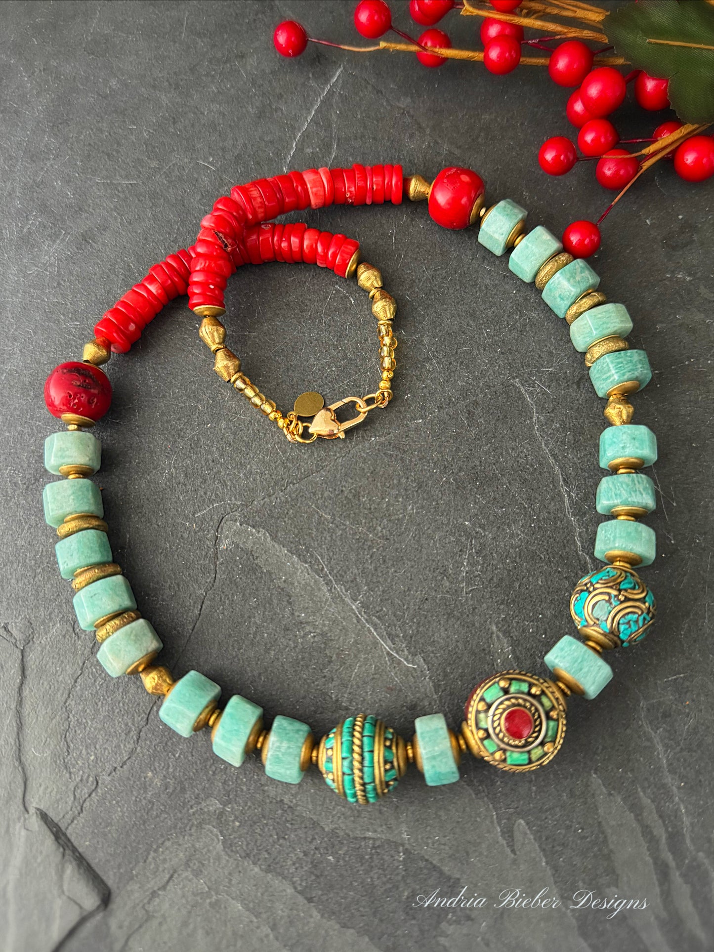 Amazonite stone, nepal beads, red coral, African brass, necklace.