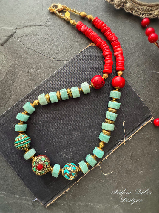 Amazonite stone, nepal beads, red coral, African brass, necklace.