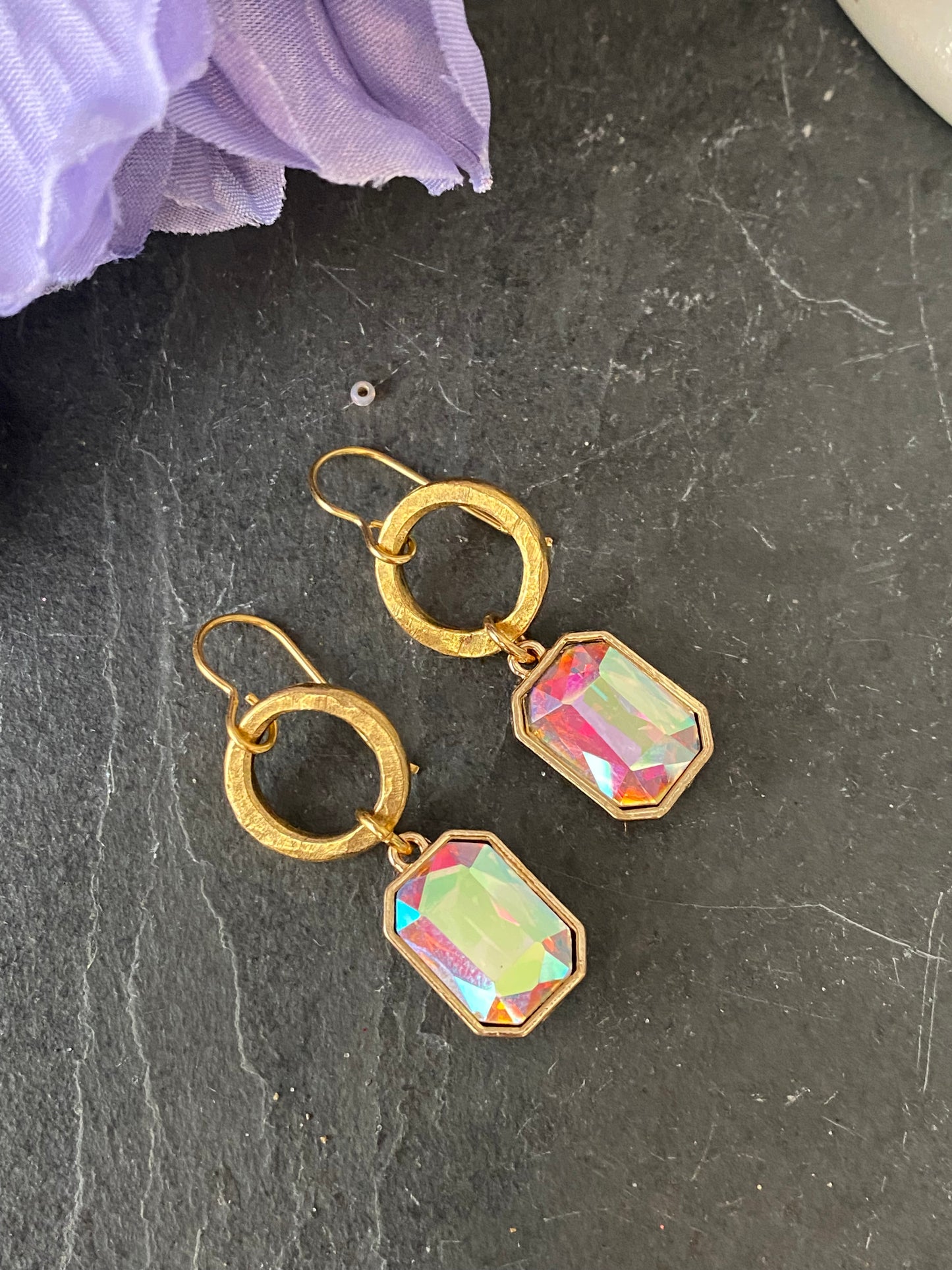 Square faceted Rhinestone,  gold metal hoop, earrings