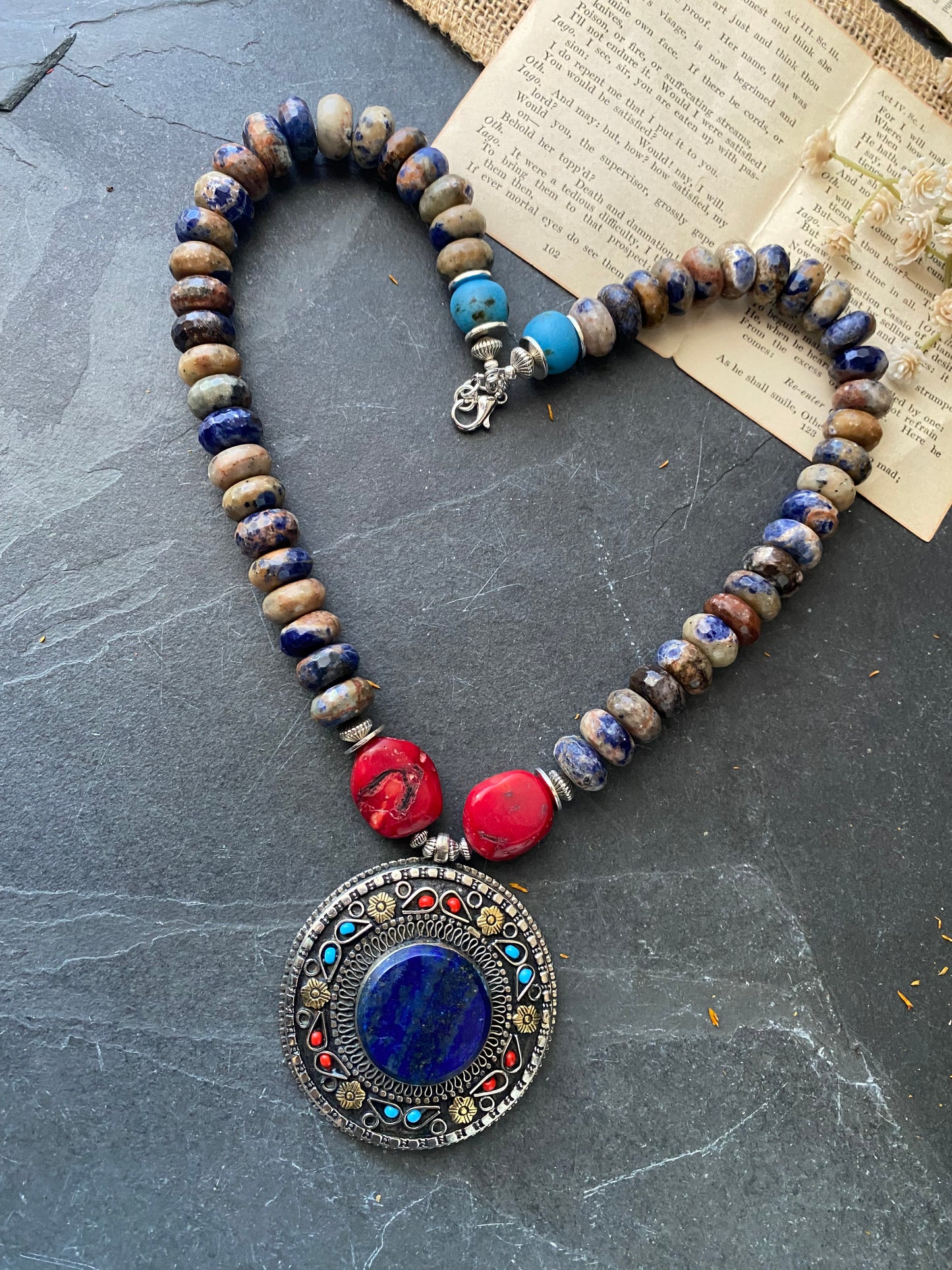 Lapis lazuli stone, sodalite stone, red coral, glass, necklace, silver metal, necklace, jewelry