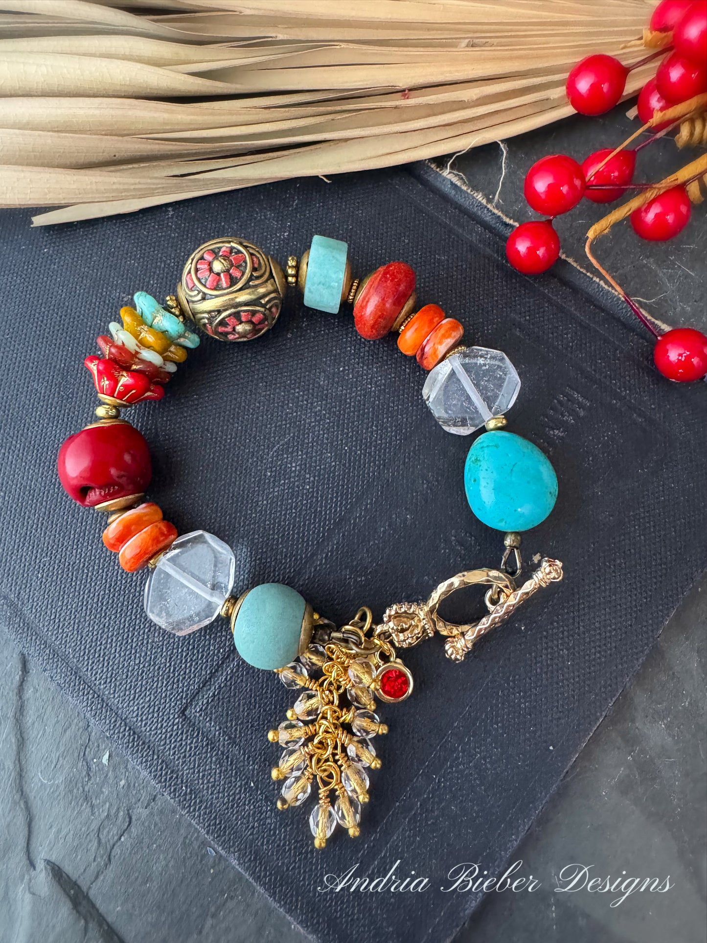 Kingman turquoise, Amazonite stone, quartz stone, ceramic, czech glass, nepal beads, red coral, aftican brass beads, bracelet.