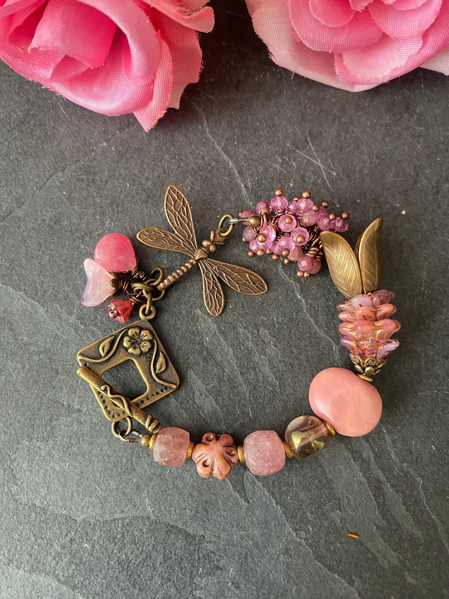 Pink tourmaline gemstone, ceramic, pink topaz, dragonfly, Czech glass, charm bracelet