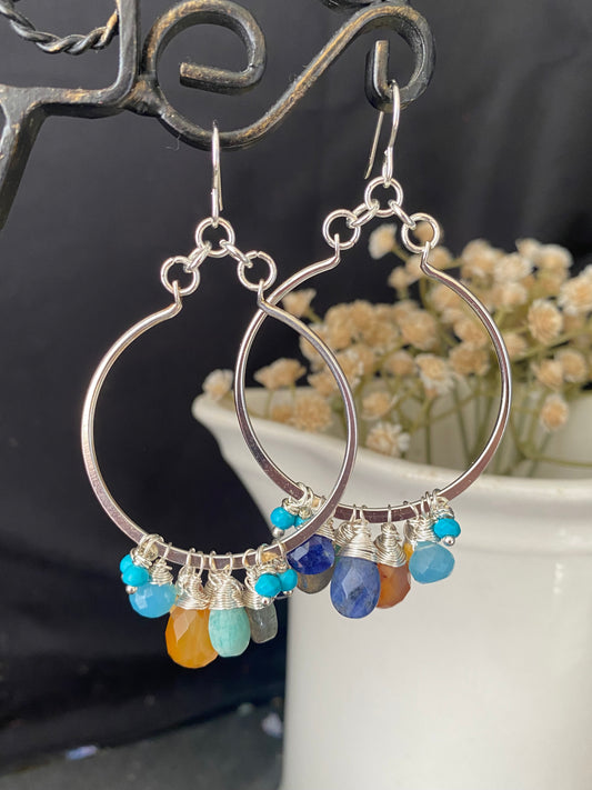 Mixed gemstones, wire wrapping, sterling silver hoop earrings