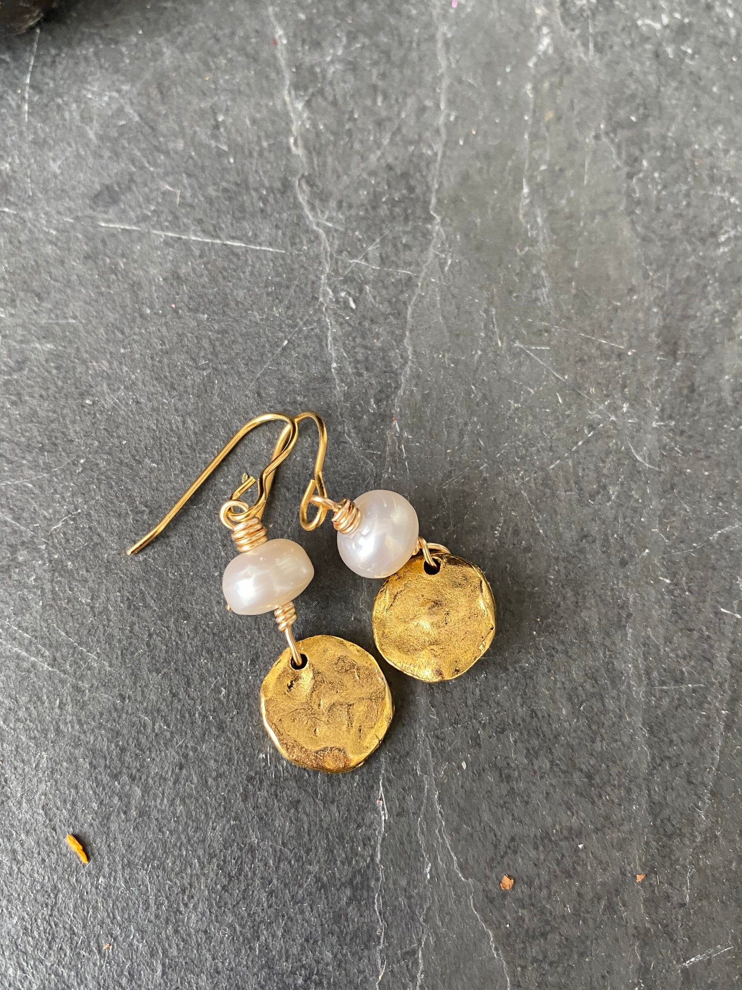 pearl and gold round charm, earrings