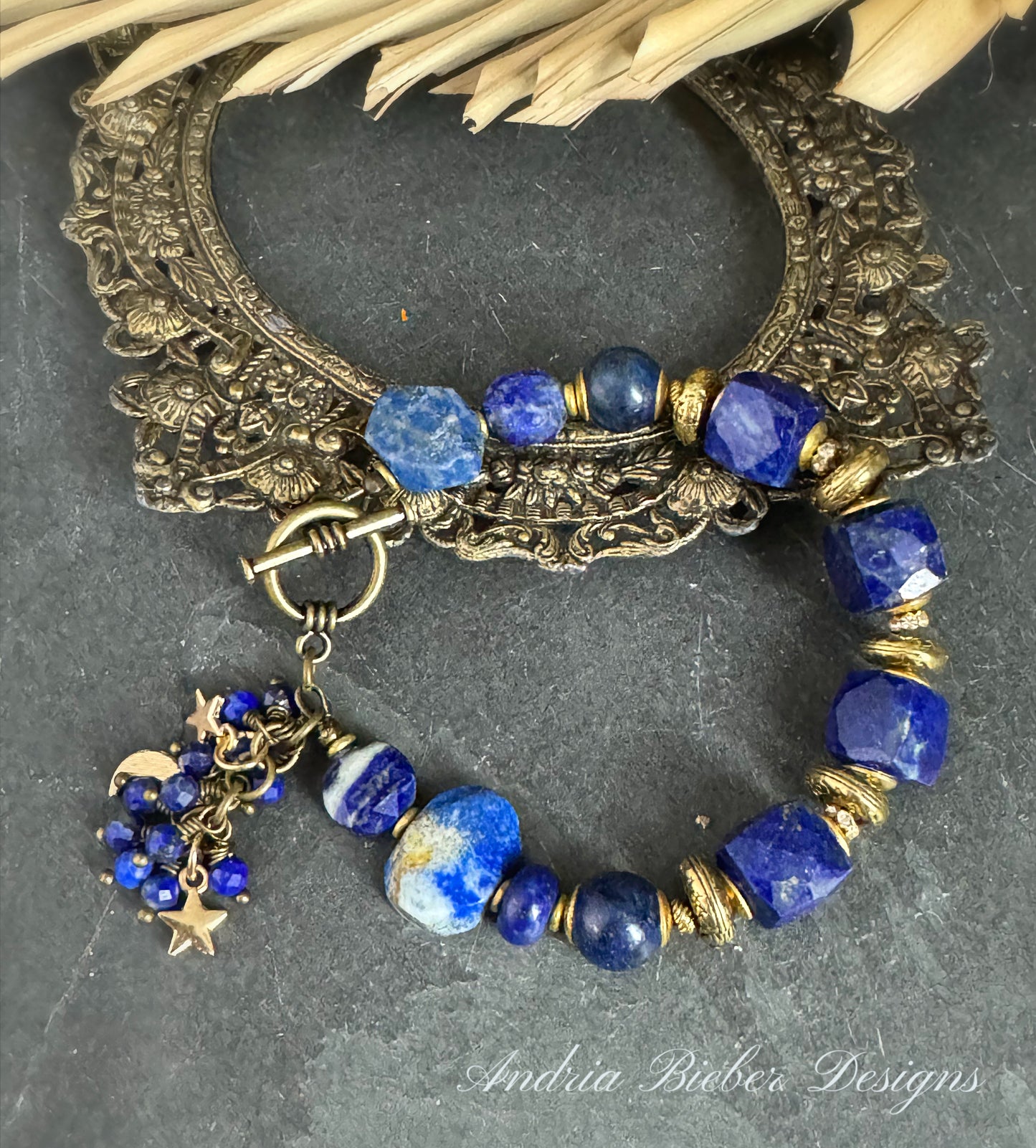 Lapis lazuli stone, african brass, bracelet.