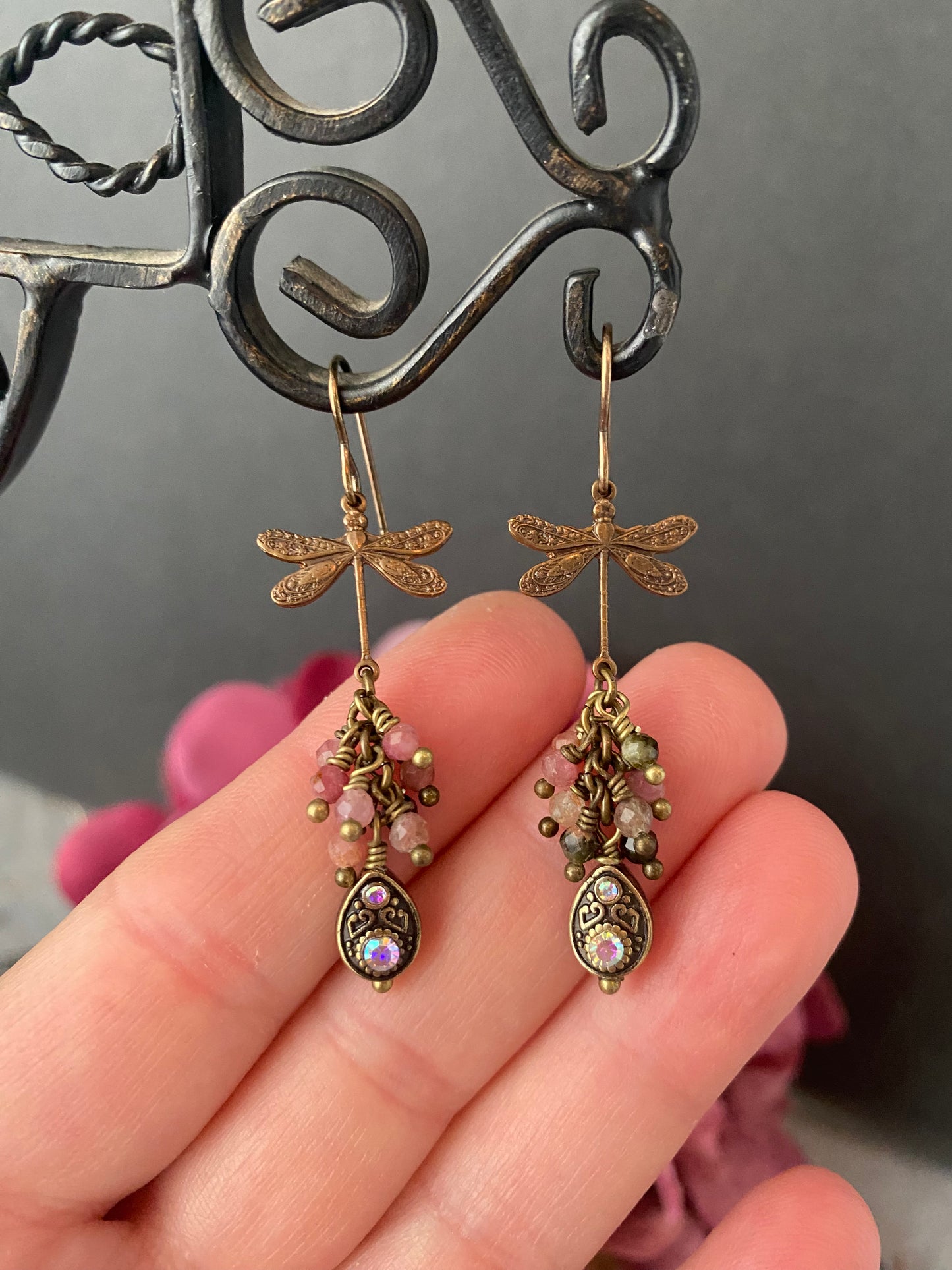 Watermelon tourmaline stone, dragonfly chocolate bronze metal, rhinestone, earrings.