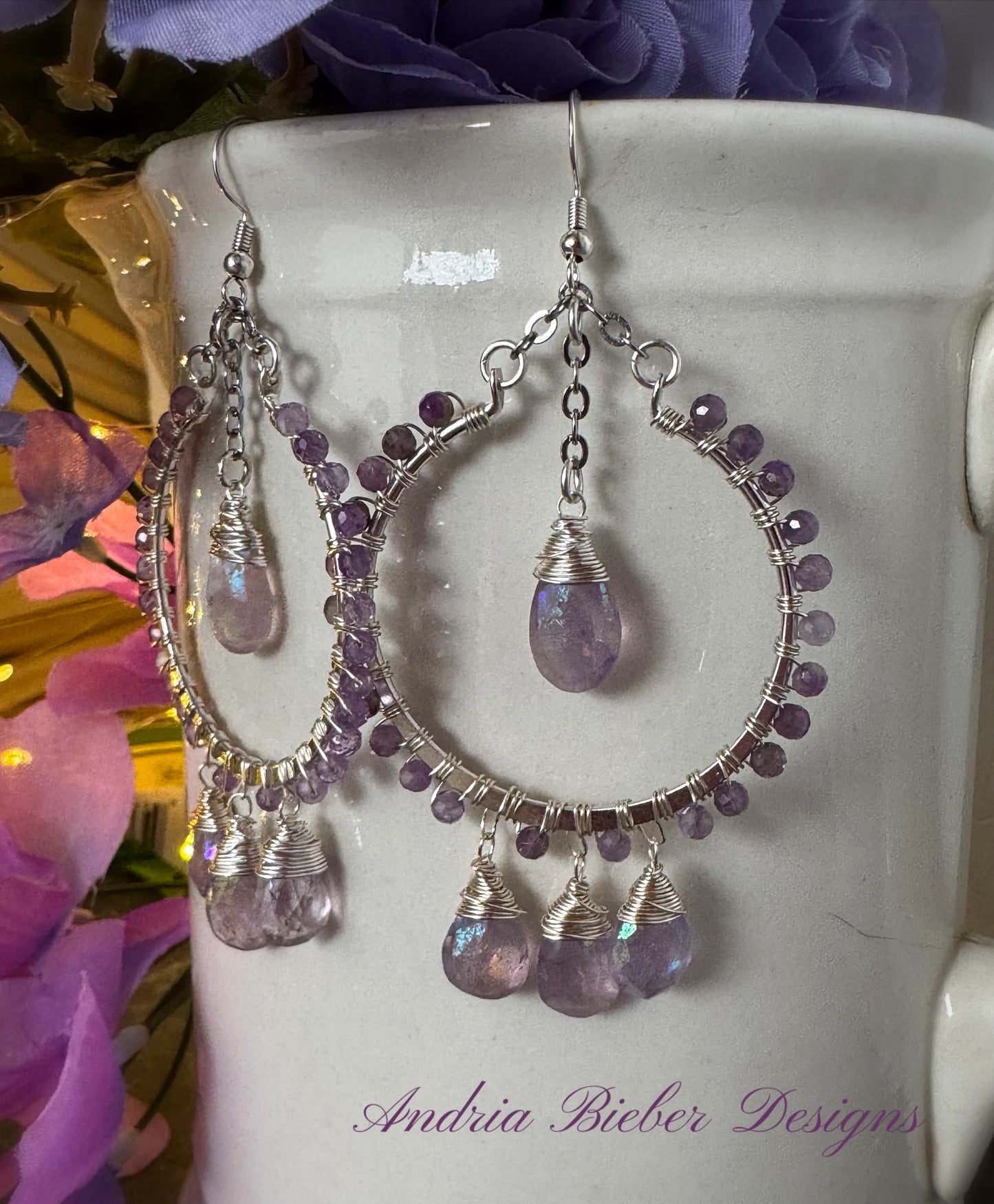 Amethyst luster gemstone drops, amethyst stones, sterling silver metal hoops, wire wrapped, earrings