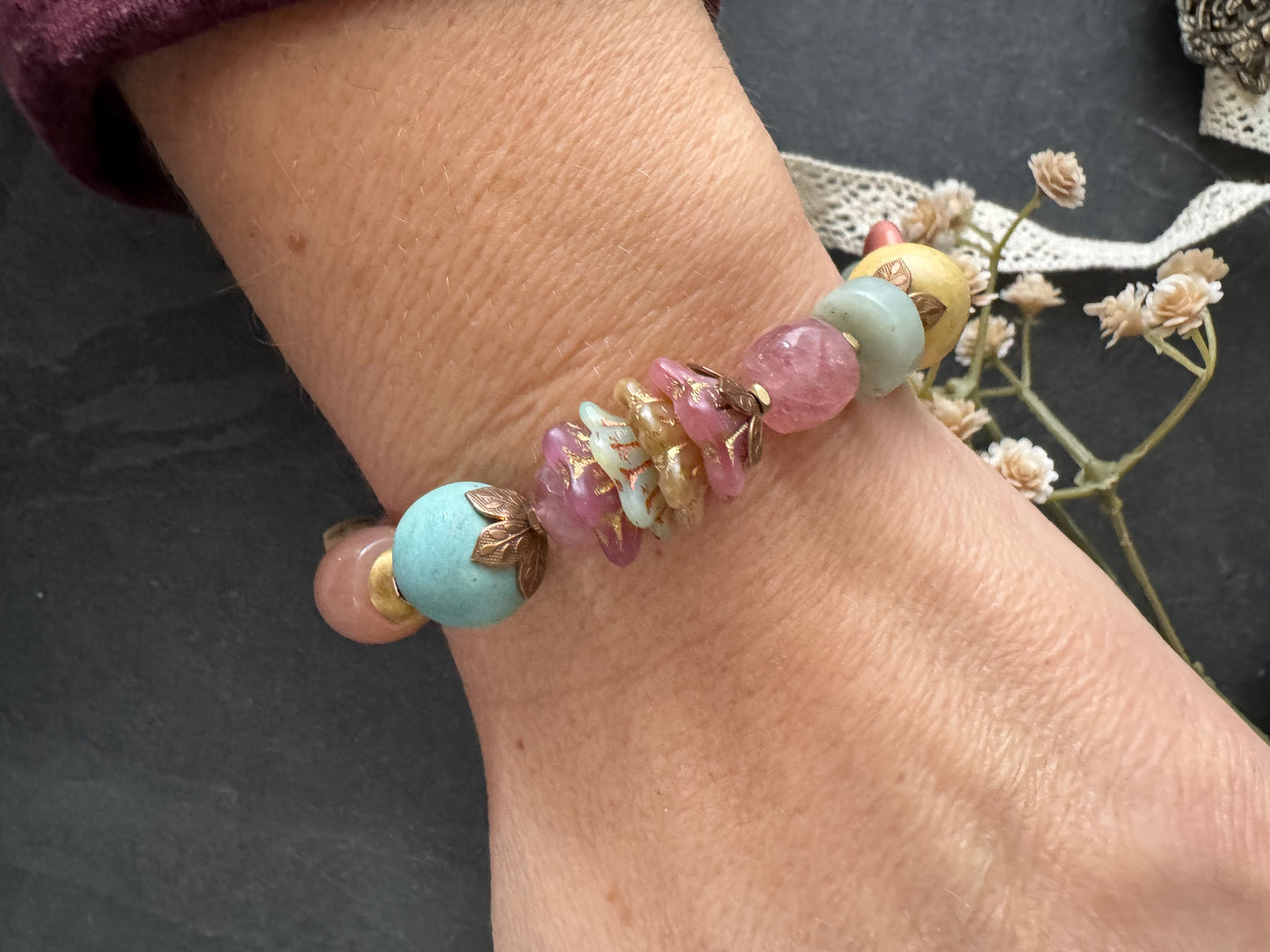 Sunstone, green amethyst, ceramic beads, strawberry quartz, Amazonite, czech glass, bracelet.