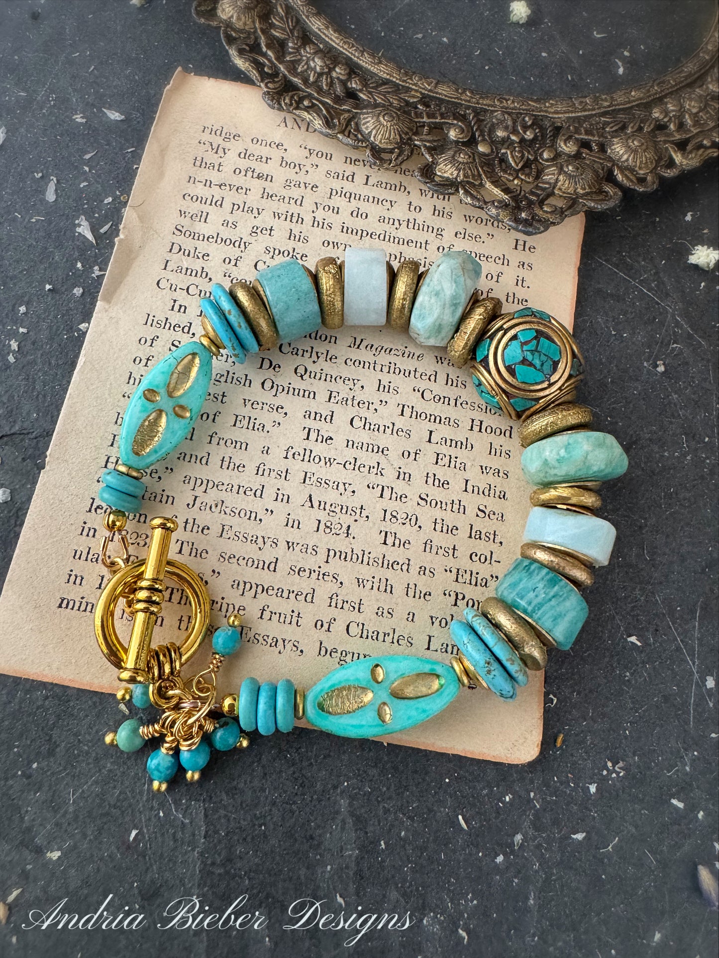 Amazonite stone, turquoise, african brass, finished bracelet.