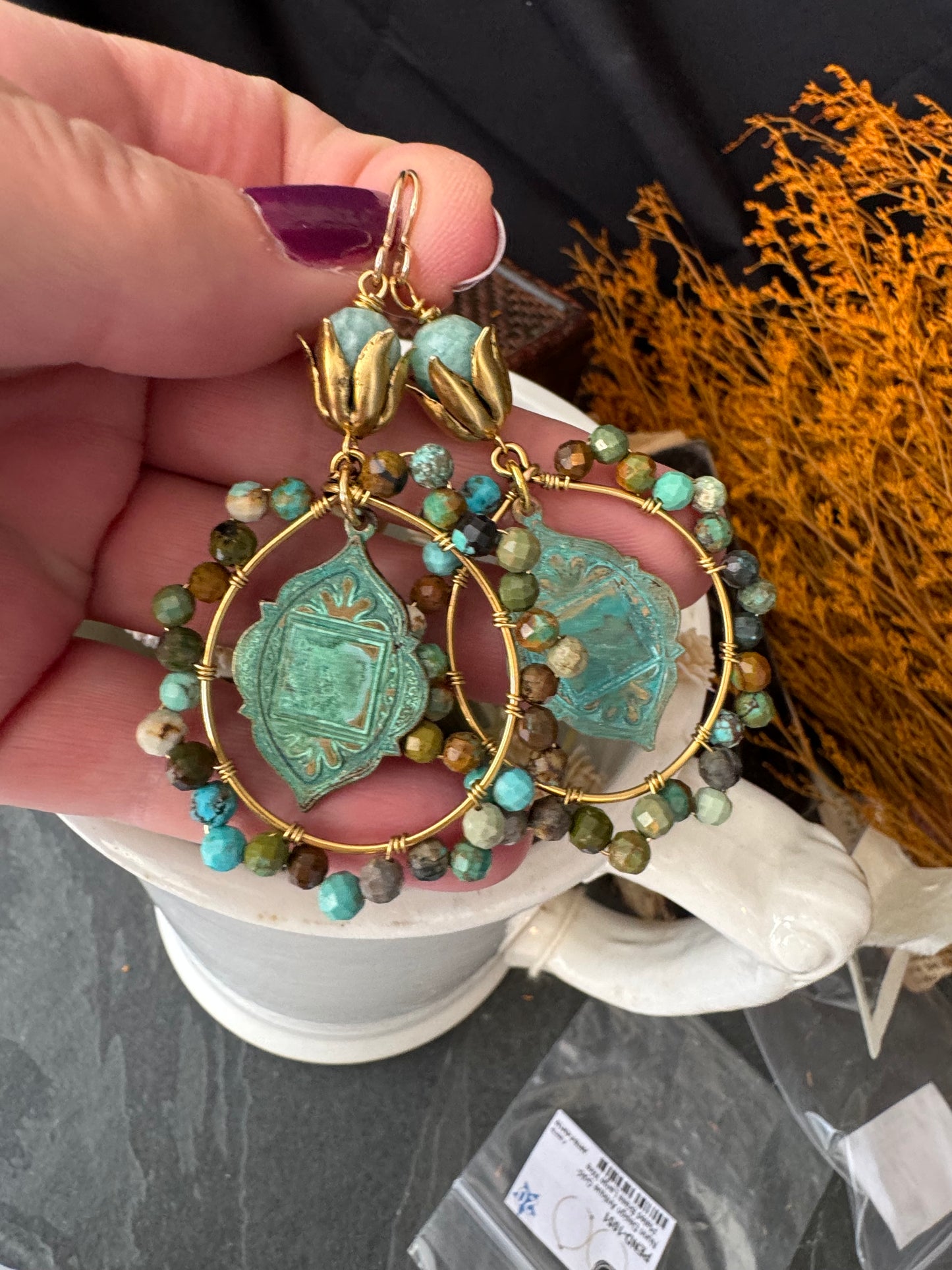 Boho patina charms,  turquoise stone, gold metal, earrings