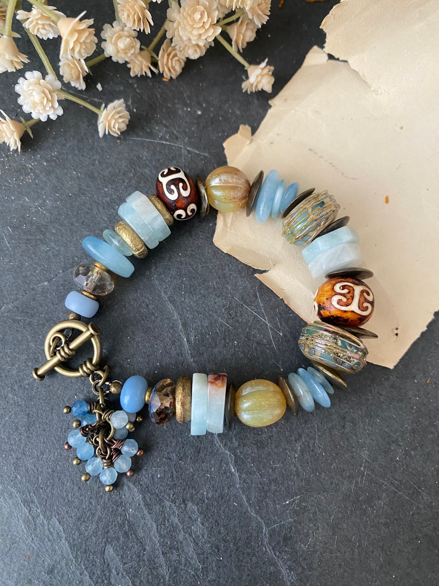 aquamarine, lampwork glass, african brass, Czech glass, Amazonite, bracelet.