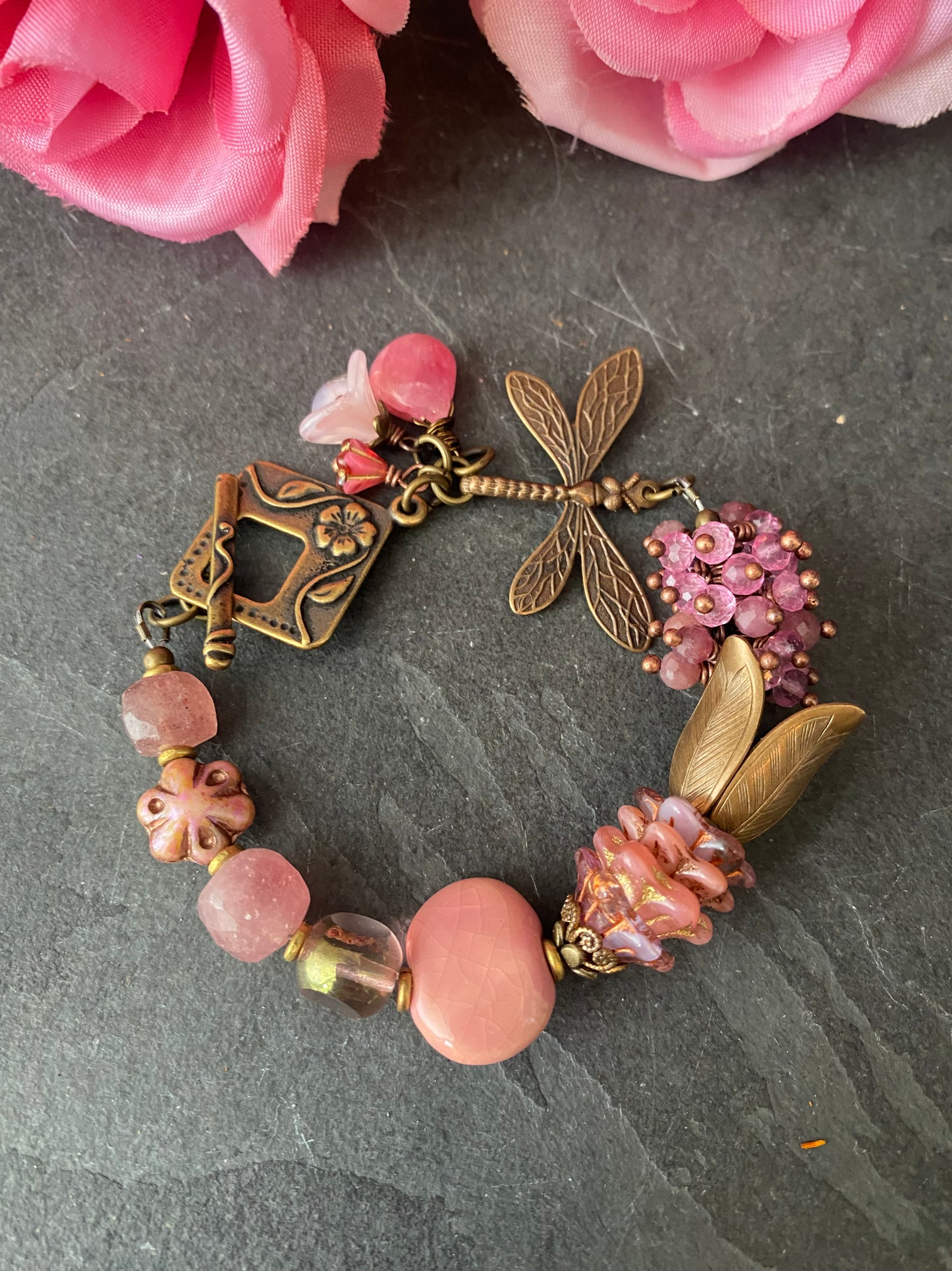 Pink tourmaline gemstone, ceramic, pink topaz, dragonfly, Czech glass, charm bracelet