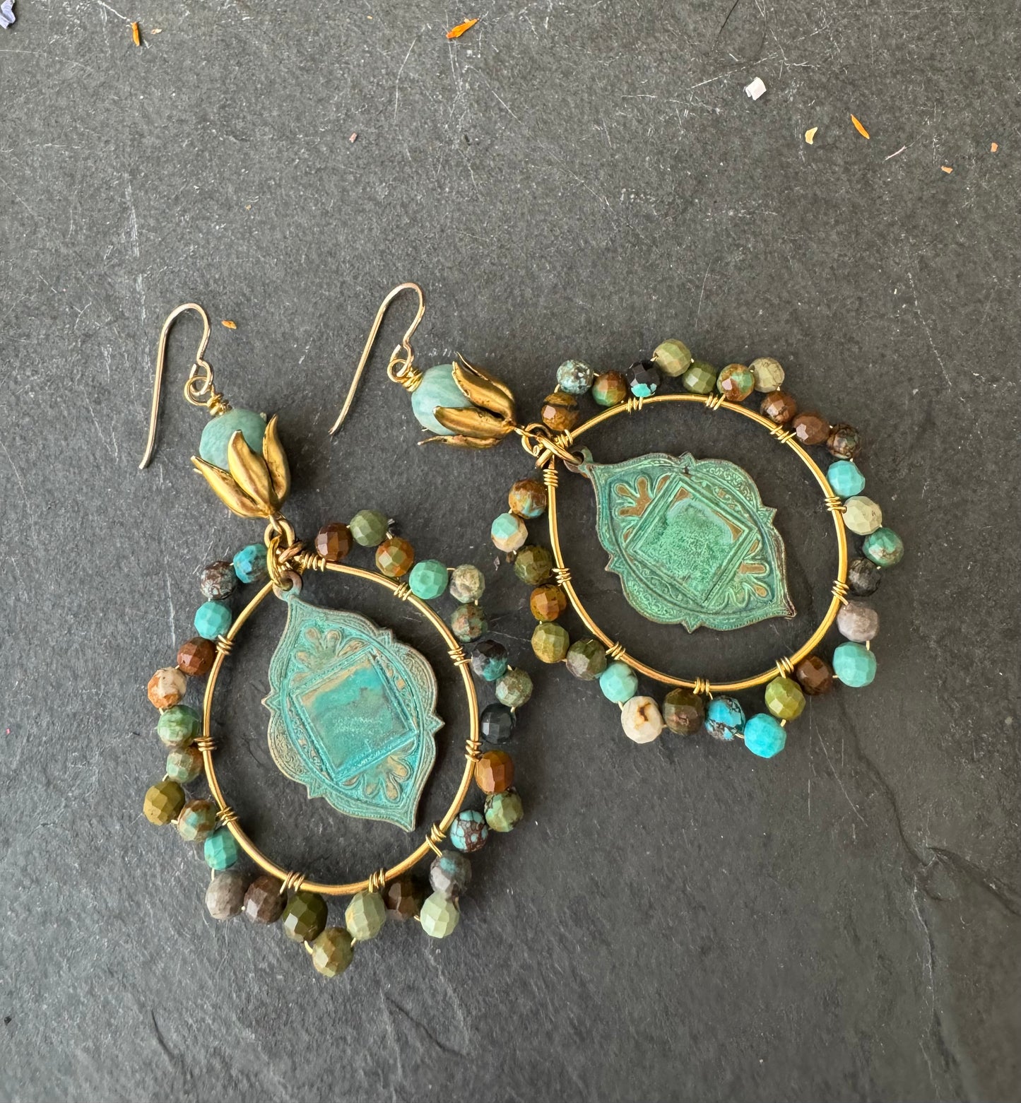 Boho patina charms,  turquoise stone, gold metal, earrings