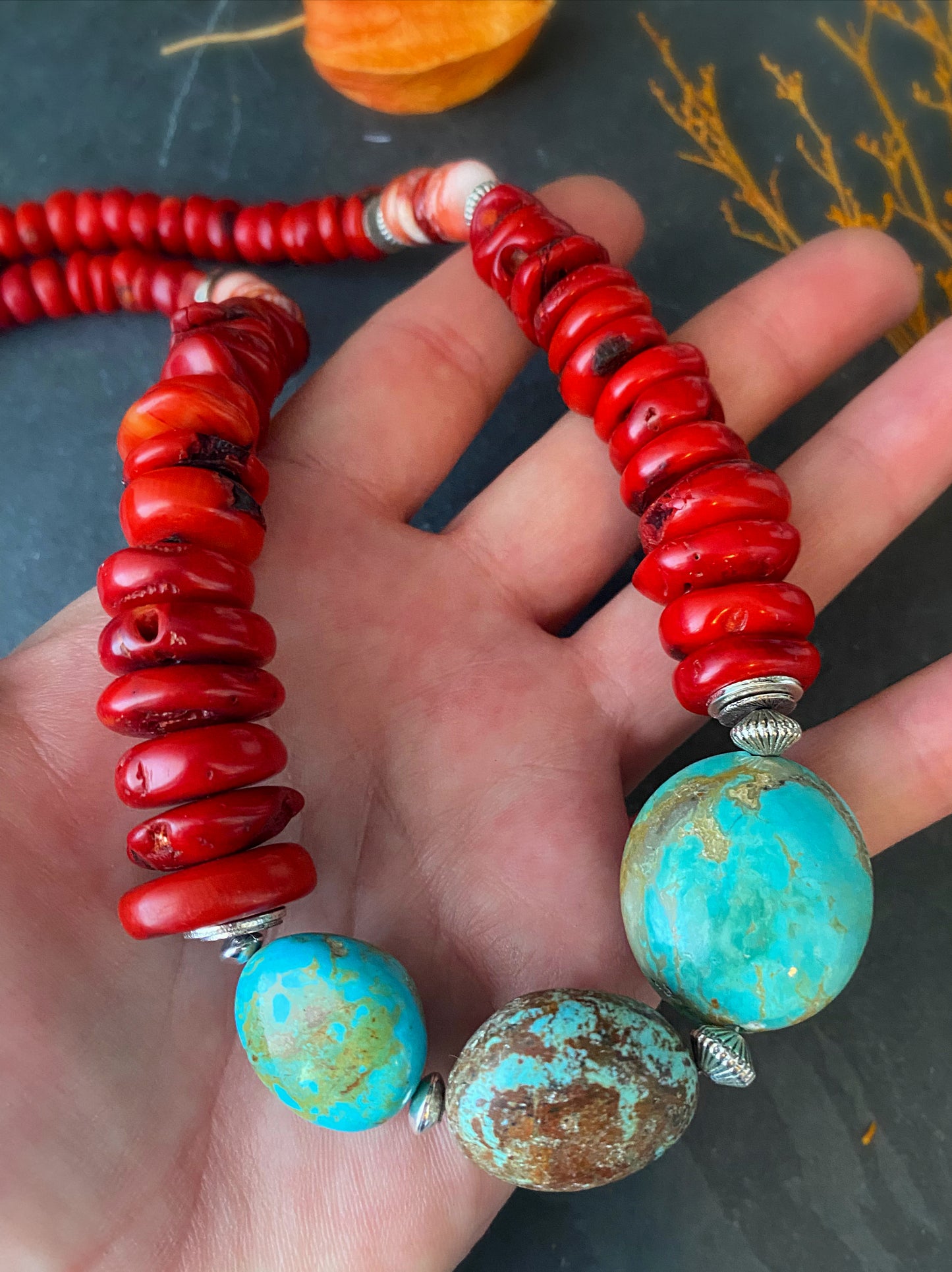 Spiney oyster, Red coral, Kingman turquoise, silver metal, necklace