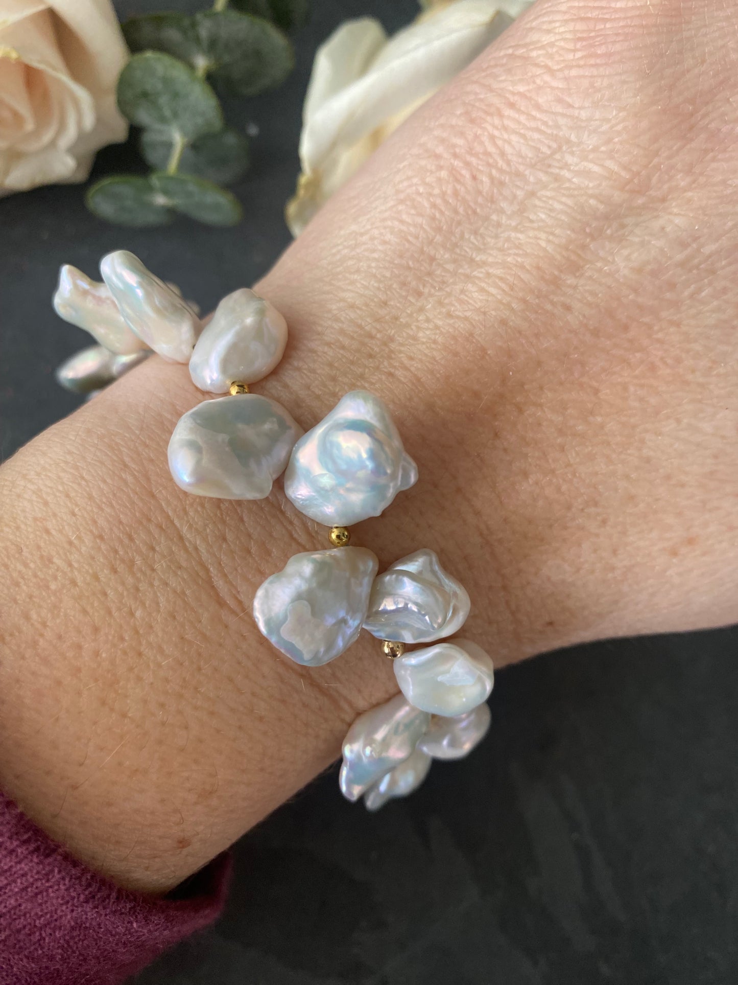 White Baroque Pearl Beads, Natural Freshwater, 10k gold metal, bracelet