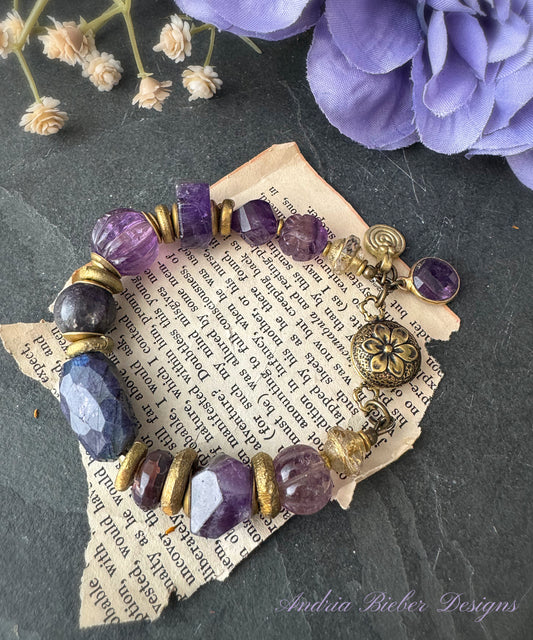 Purple labradorite stone, amethyst stone, fluorite stone, czech glass, bronze metal, bracelet, jewelry