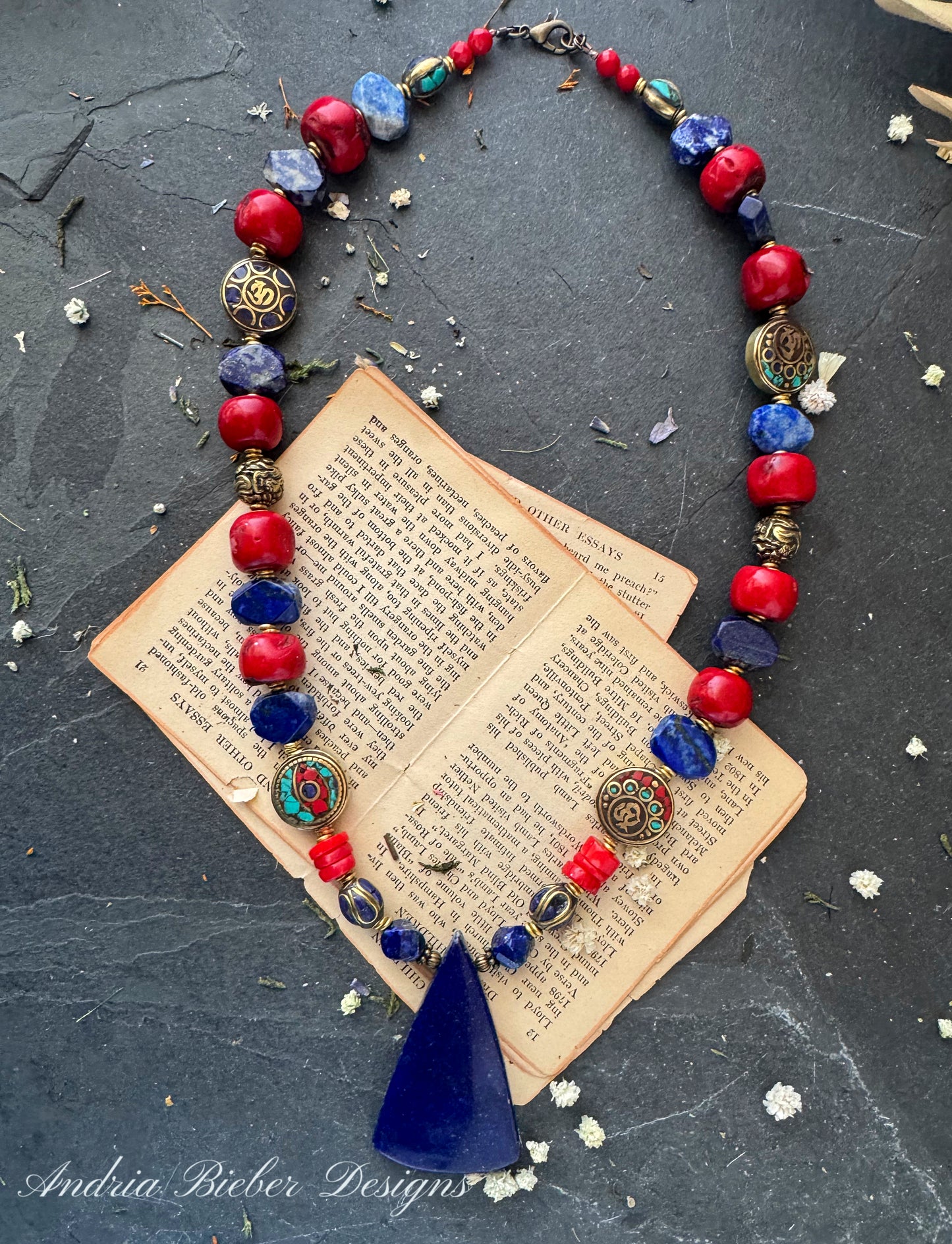 Lapis lazuli stone, Red coral, Tibeatan beads, affrican brass metal, necklace