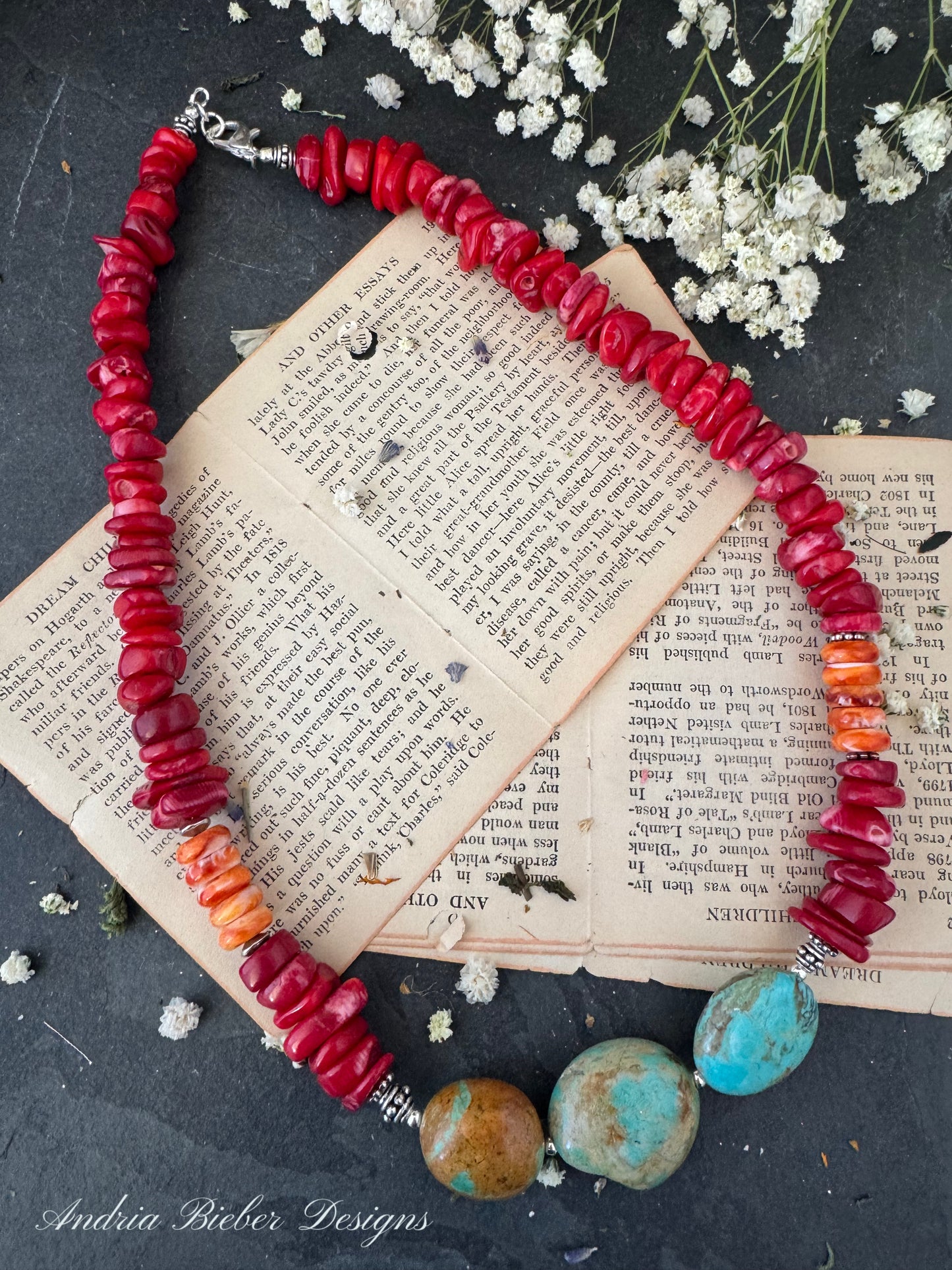 Spiney oyster, Red coral, Kingman turquoise, silver metal, necklace