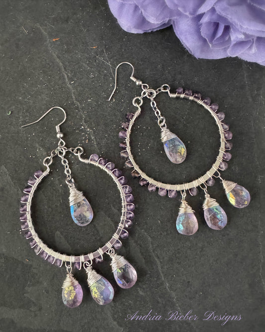 Amethyst luster gemstone drops, amethyst stones, sterling silver metal hoops, wire wrapped, earrings