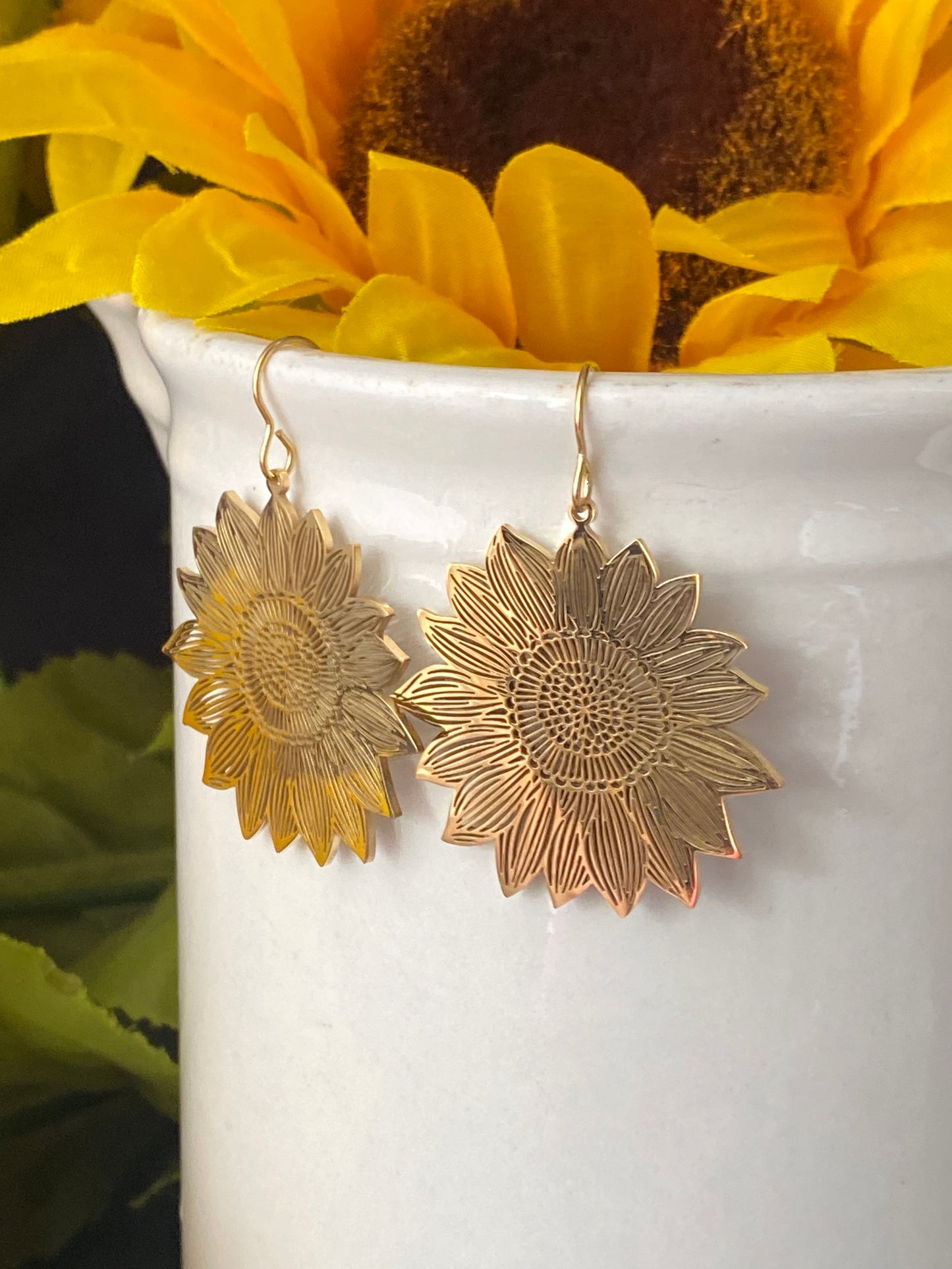 Sunflower gold metal large hoop earrings - Andria Bieber Designs 