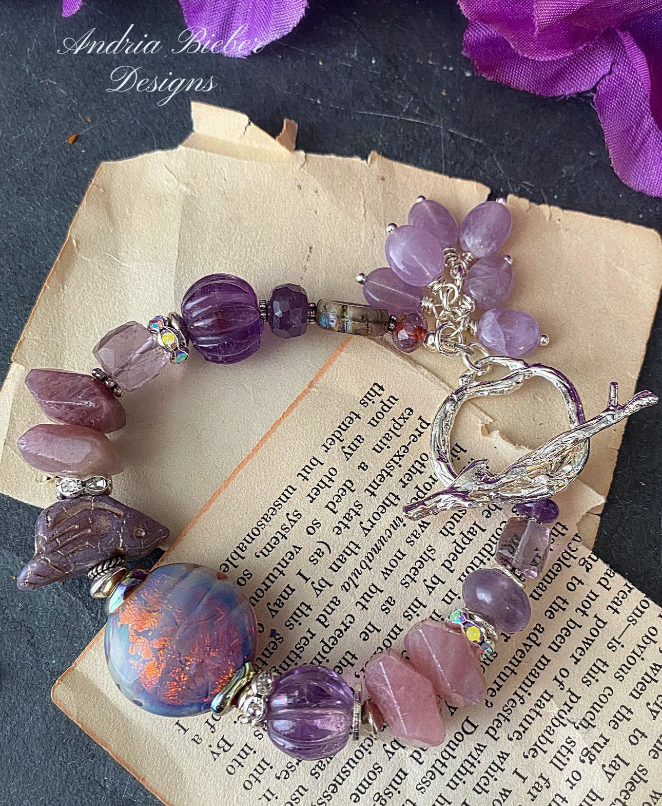 Madagascar Rose quartz, lampwork glass, amethyst stone, Czech glass and silver metal bracelet