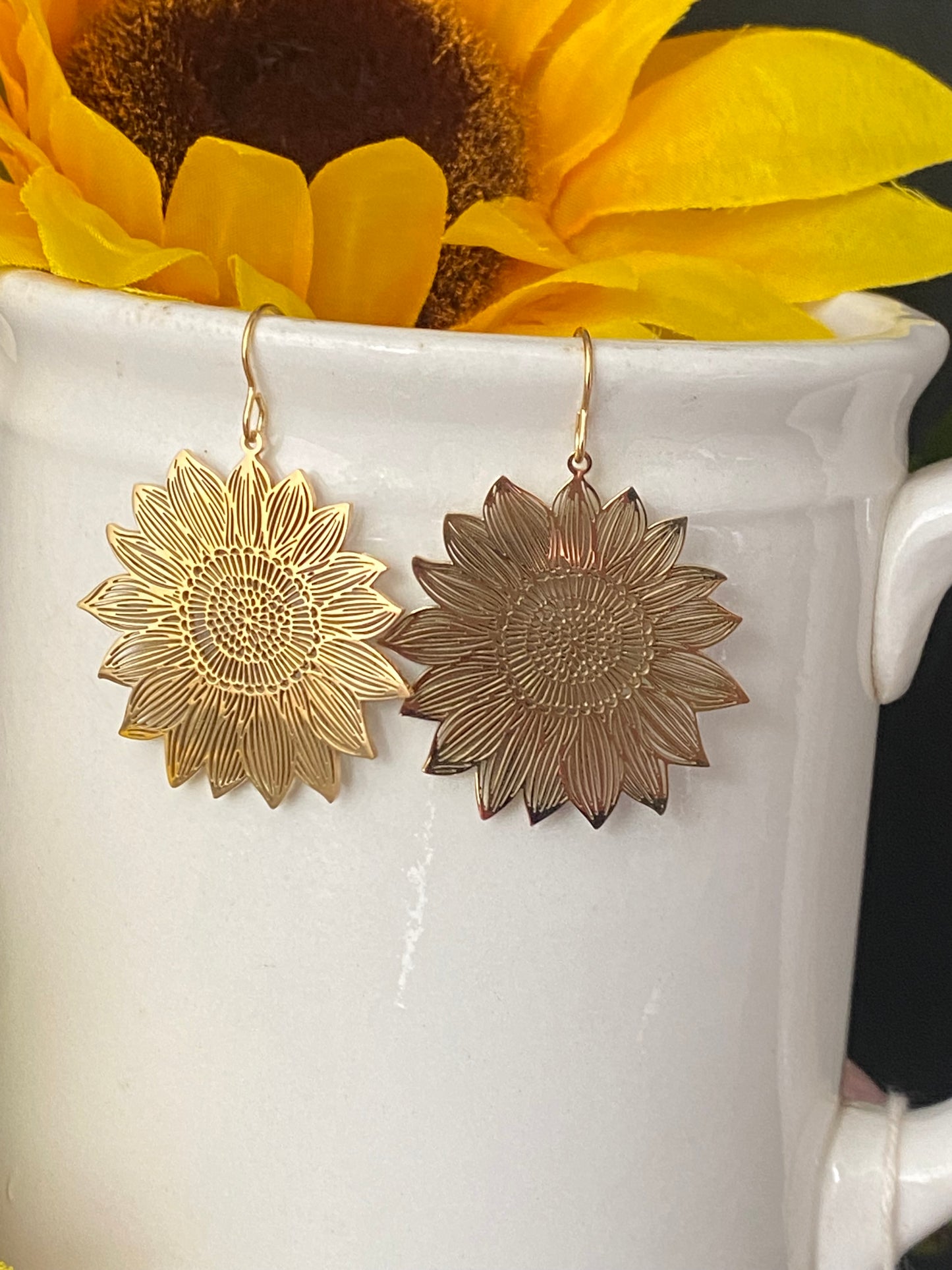 Sunflower gold metal large hoop earrings - Andria Bieber Designs 