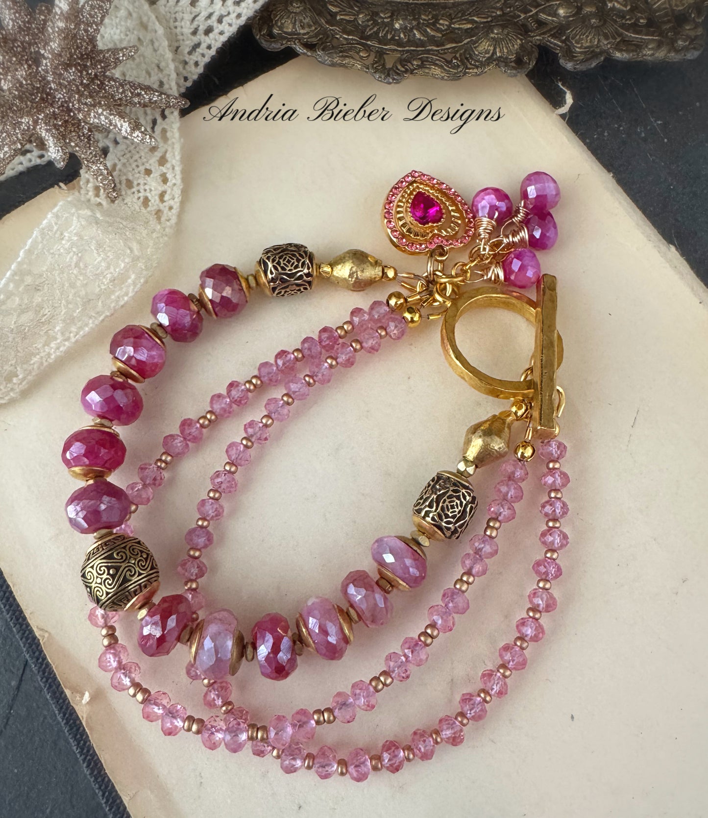 Pink moonstone, pink tourmaline gemstone, gold metal, bracelet, jewelry