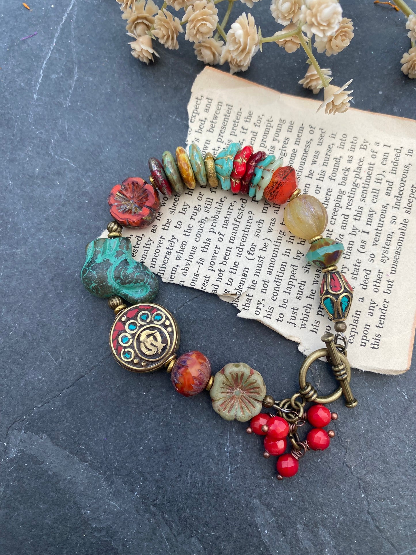 Nepal beads, green, red, turquoise color mix, Czech glass, brass metal, bracelet.