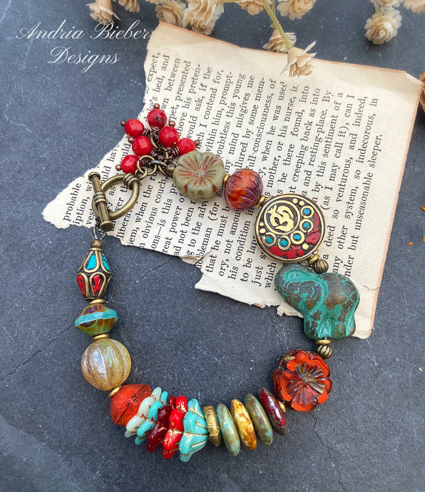 Nepal beads, green, red, turquoise color mix, Czech glass, brass metal, bracelet.