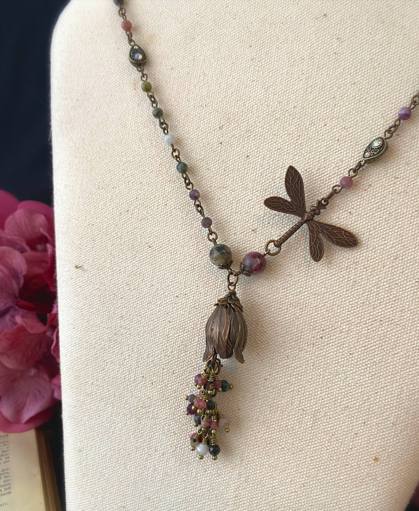 Watermelon tourmaline gemstone, dragonfly, flower, necklace, KIT