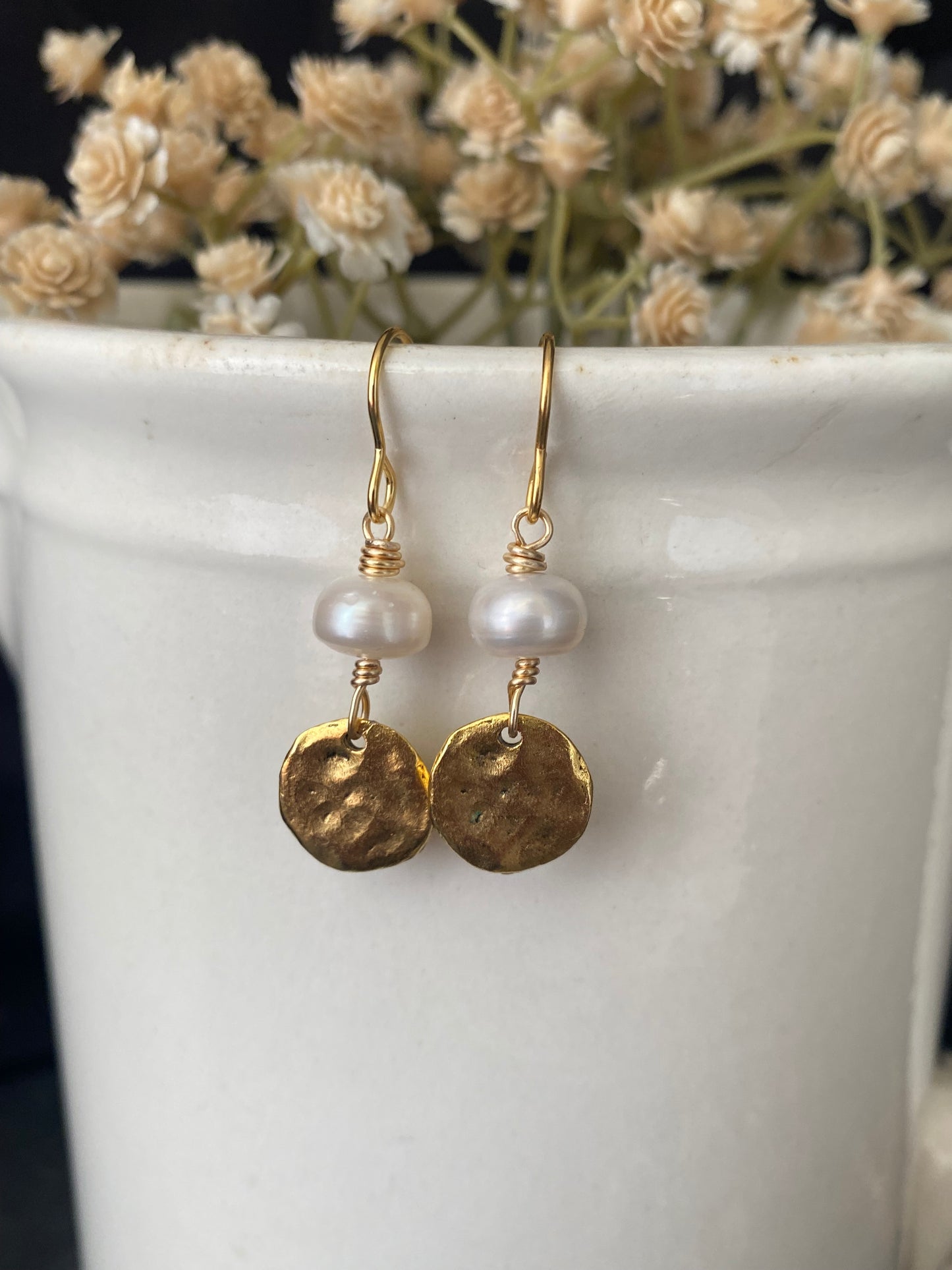 pearl and gold round charm, earrings