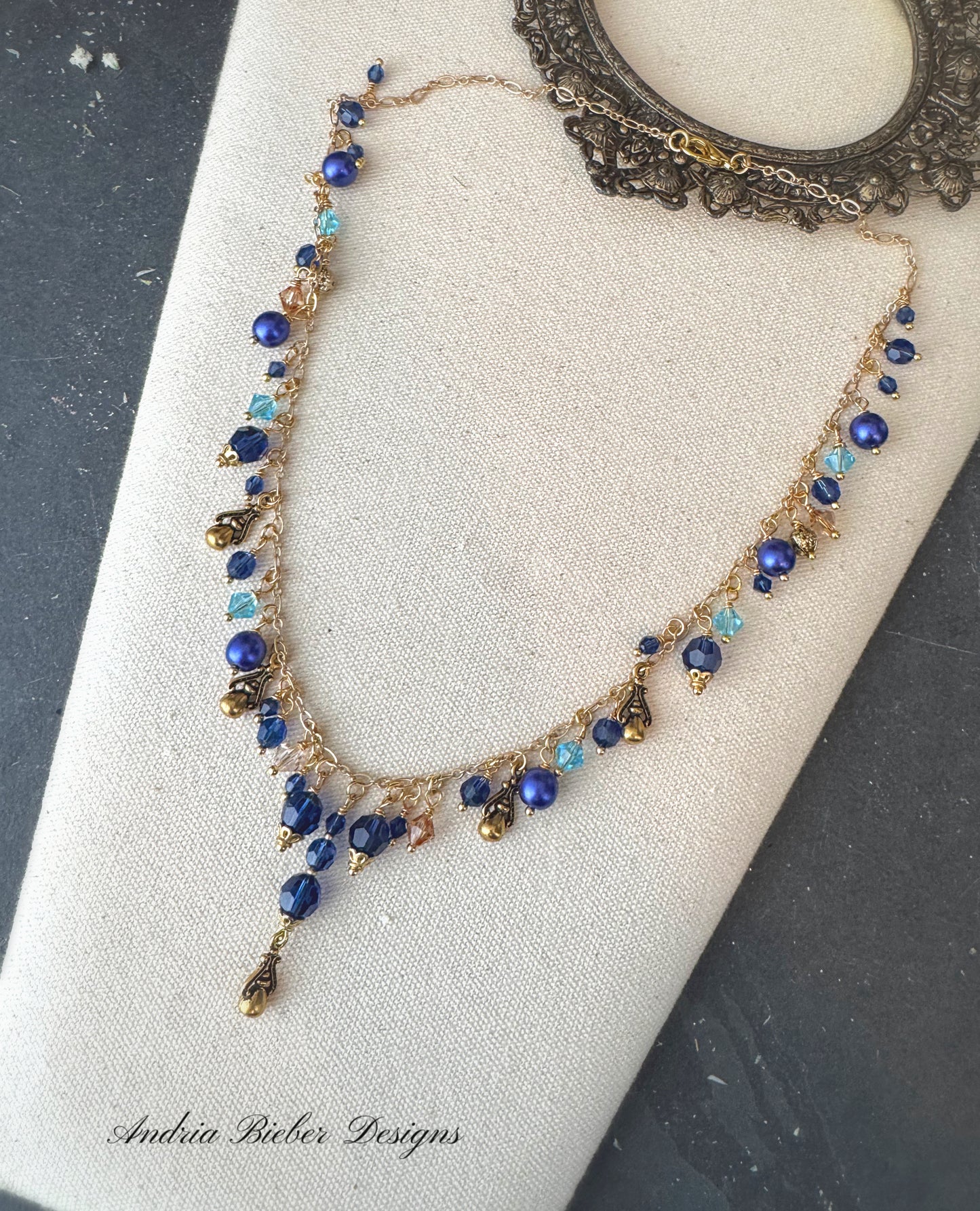 Blue sapphire crystal and pearl, gold necklace, jewelry