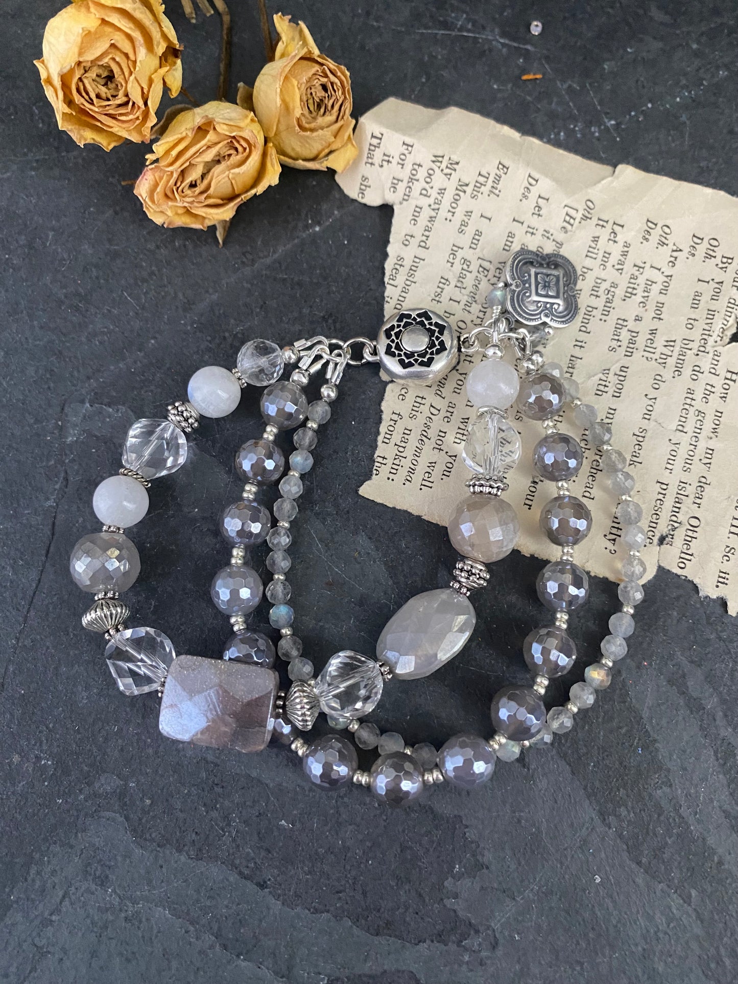 labradorite, grey moonstone, quartz, silver metal, bracelet, jewelry