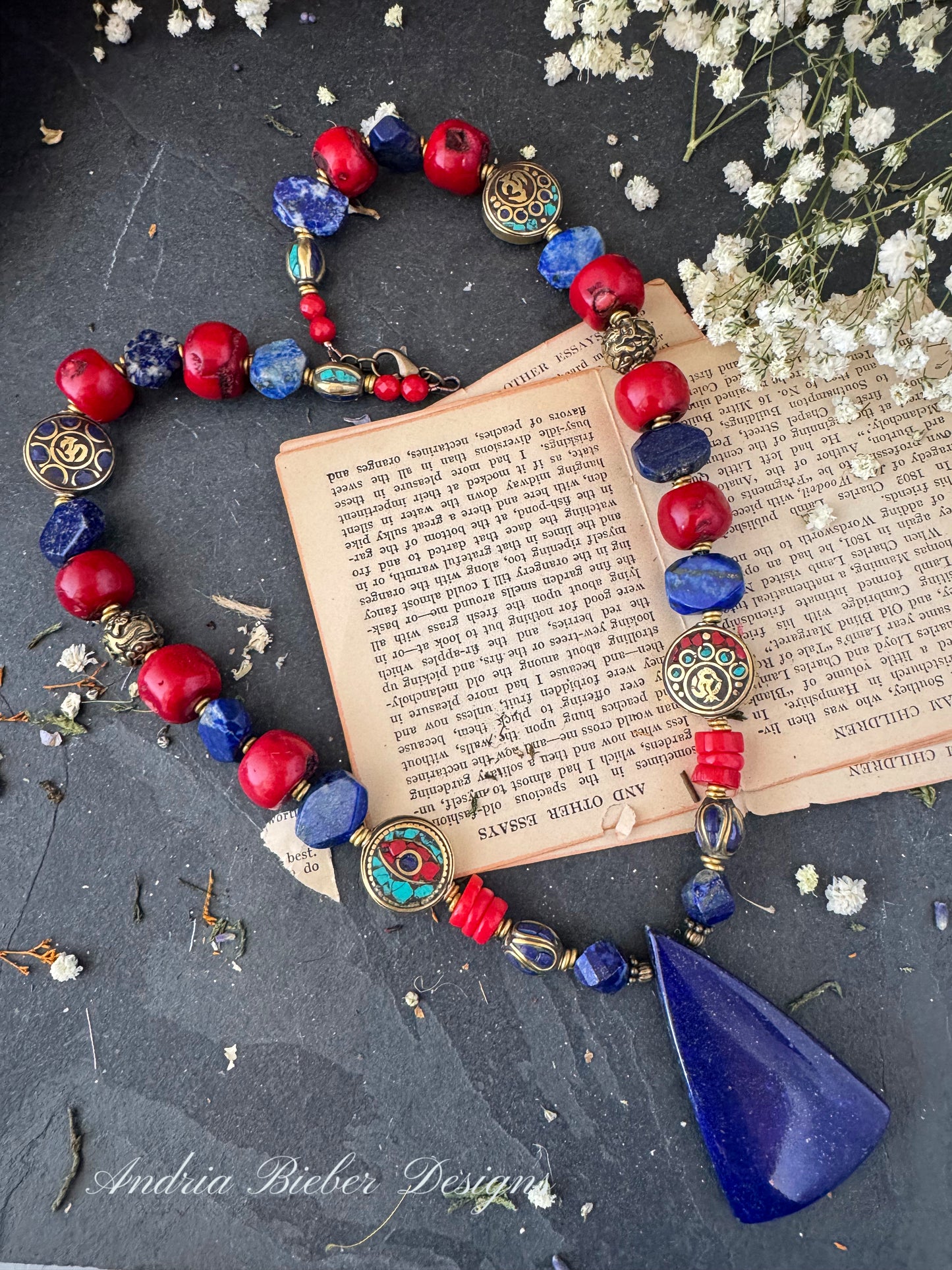 Lapis lazuli stone, Red coral, Tibeatan beads, affrican brass metal, necklace