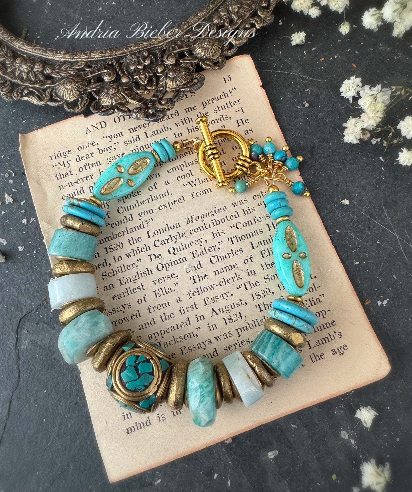 Amazonite stone, turquoise, african brass, finished bracelet.