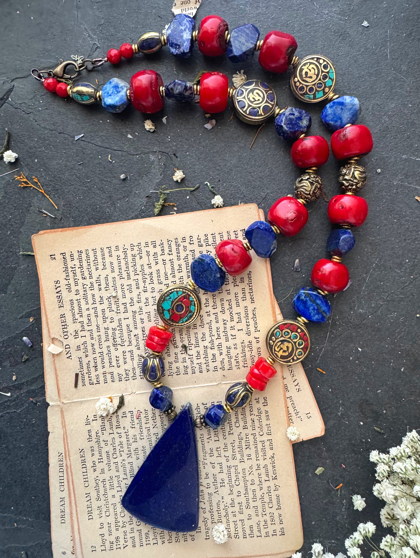 Lapis lazuli stone, Red coral, Tibeatan beads, affrican brass metal, necklace