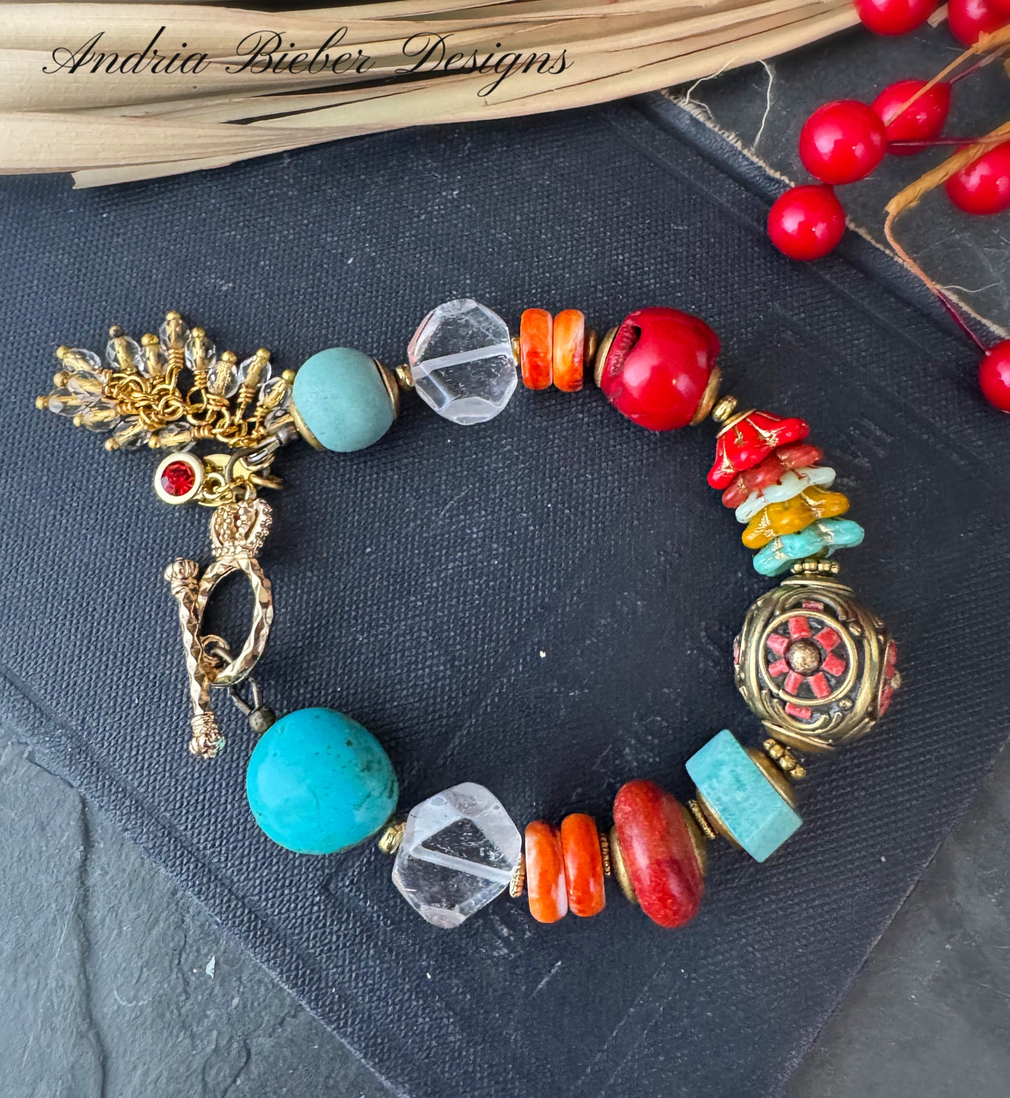 Kingman turquoise, Amazonite stone, quartz stone, ceramic, czech glass, nepal beads, red coral, aftican brass beads, bracelet.