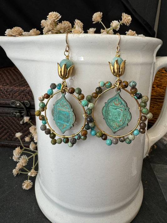 Boho patina charms,  turquoise stone, gold metal, earrings