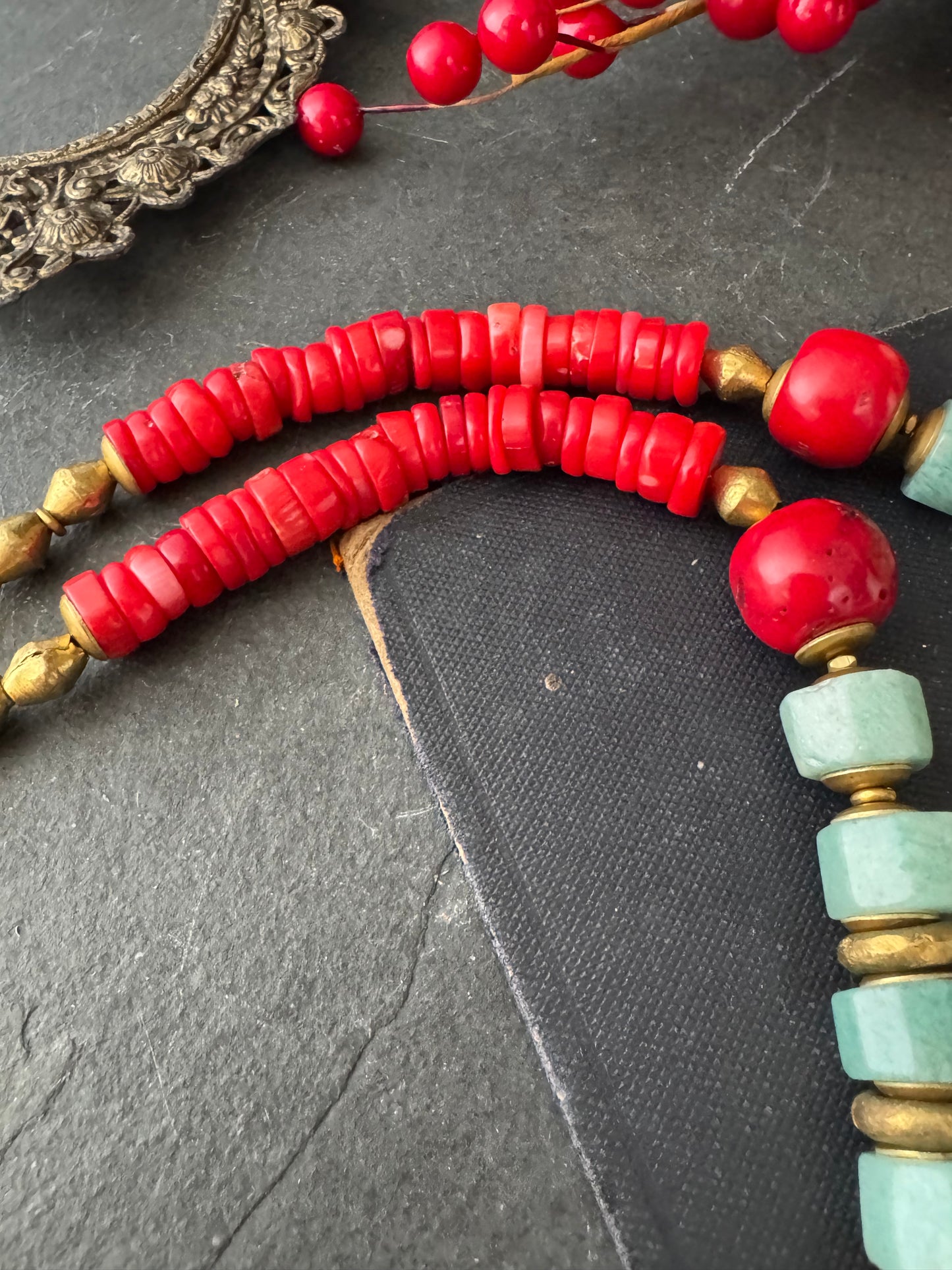 Amazonite stone, nepal beads, red coral, African brass, necklace.