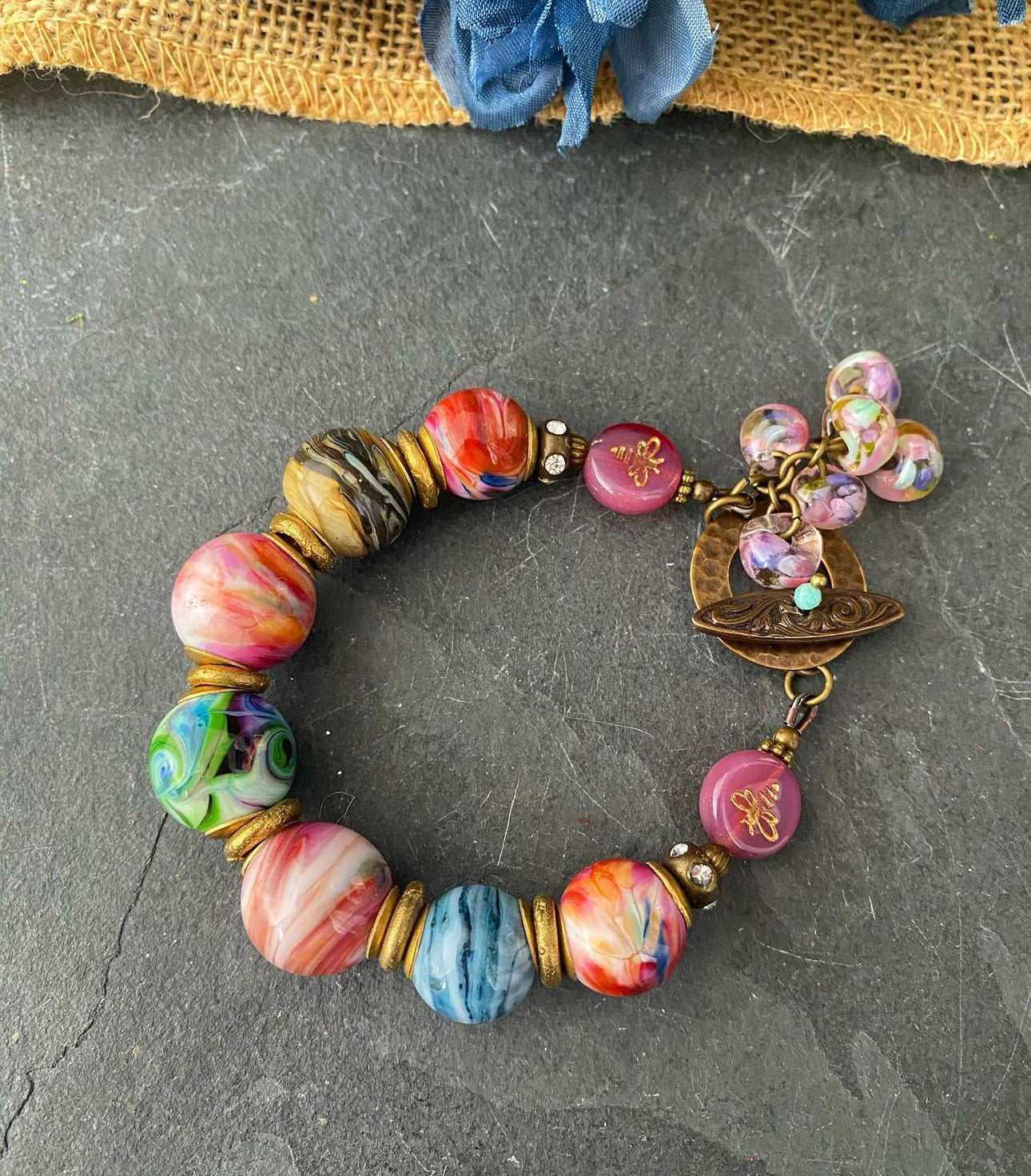 Lampwork glass, button glass, African brass, bracelet, jewelry