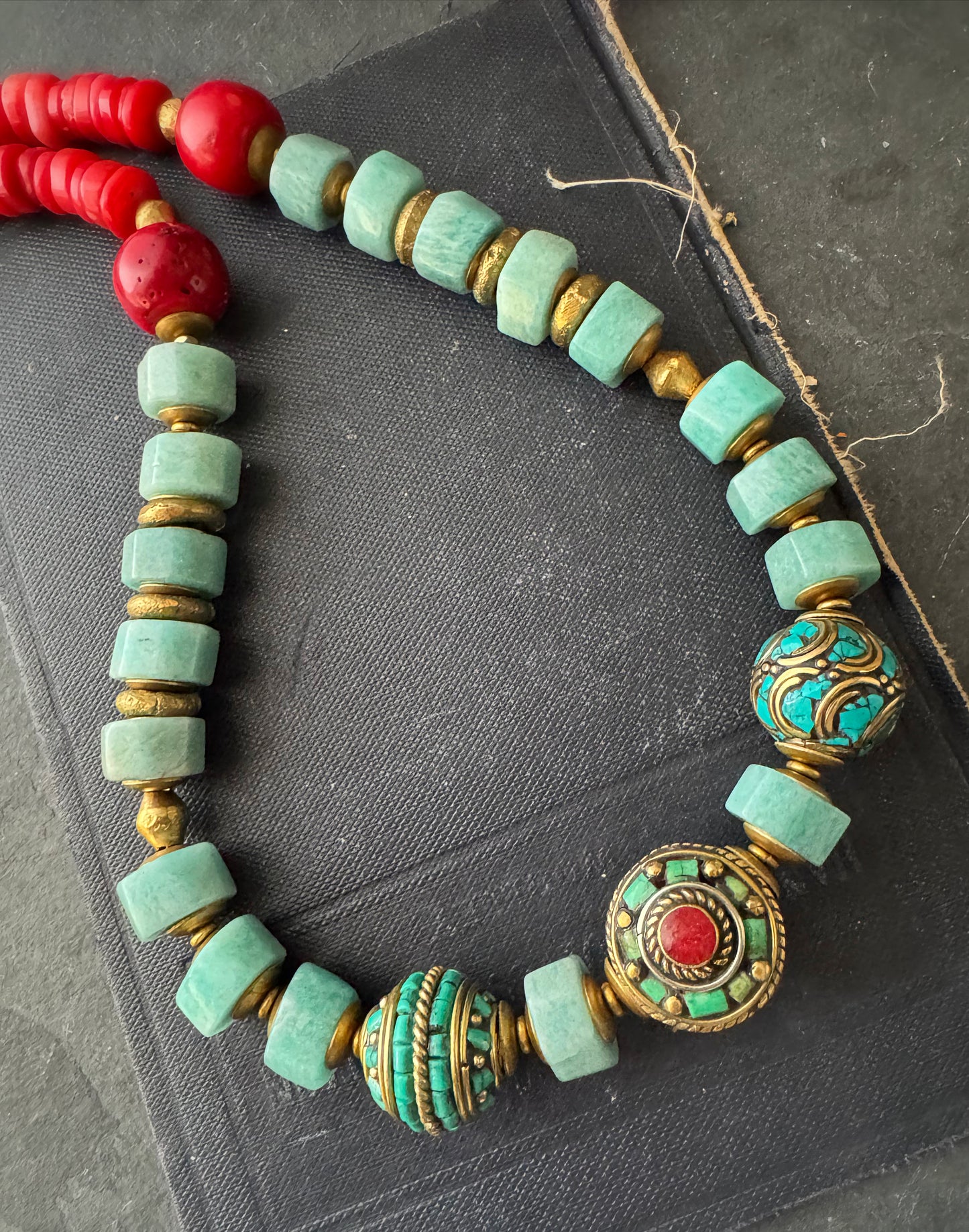 Amazonite stone, nepal beads, red coral, African brass, necklace.